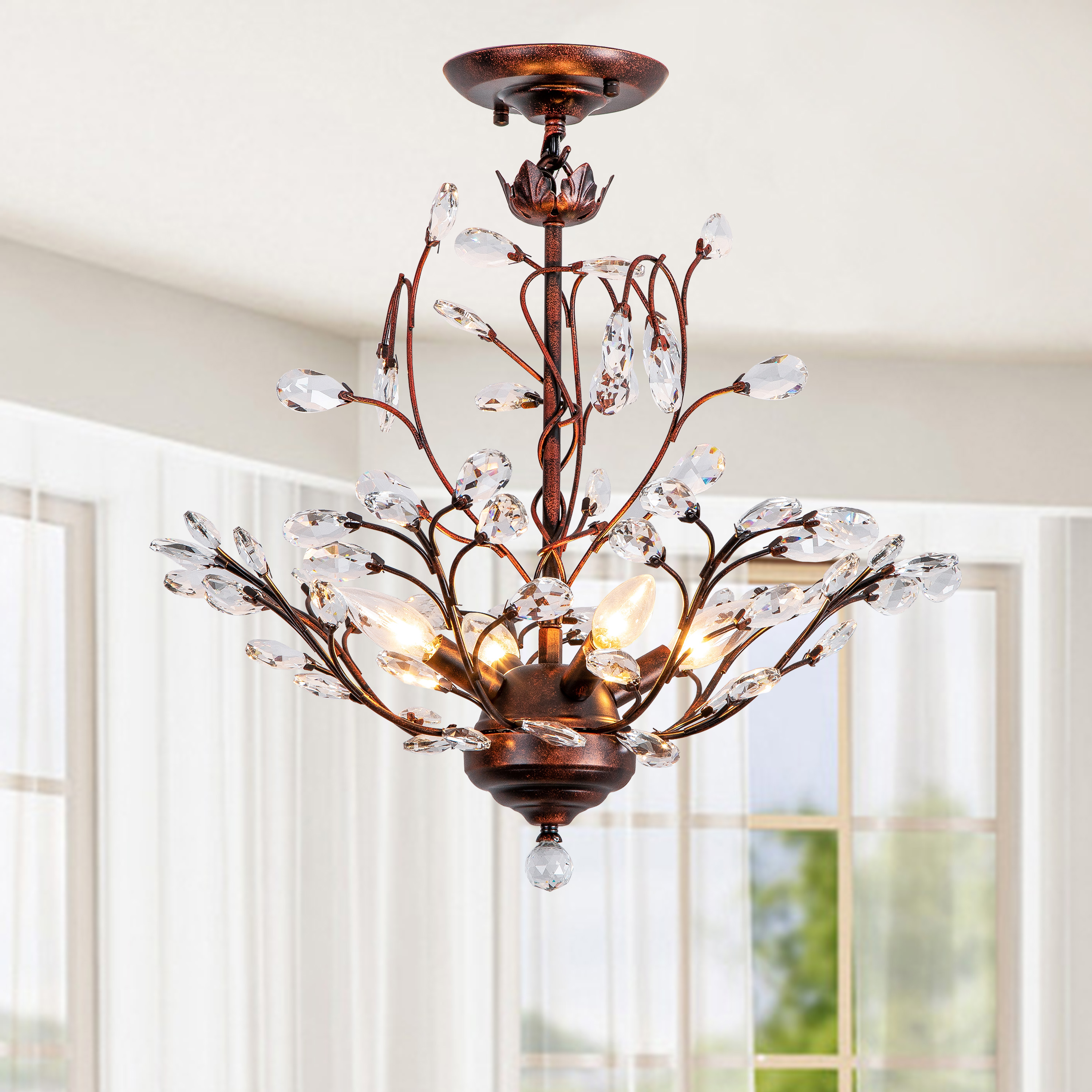 holly 4 light antique copper crystal leaves chandelier