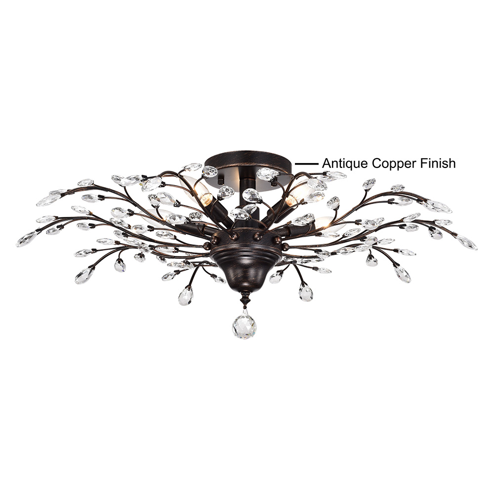 Holly 5-light Antique Copper Crystal Branches Leaves Flush Mount FD-0236-VNG