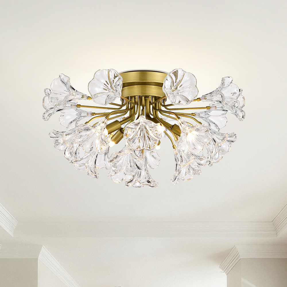Rosa 5-Light 18.5 inches Clear Glass Floral Flush Mount- Brushed Brass FD-0647-WPGH Rosa 5-Light 18.5 inches Clear Glass Floral Flush Mount- Brushed Brass FD-0647-WPGH