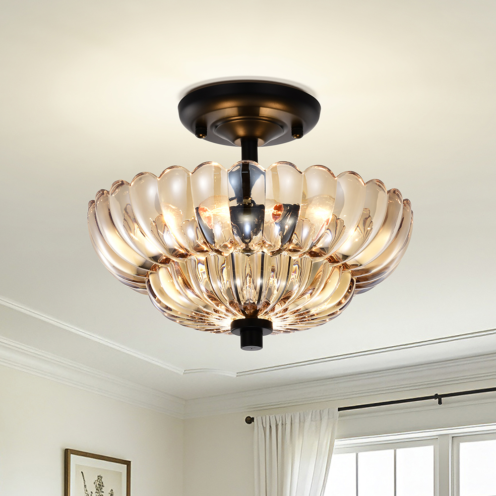 Chloe Modern 3-Light Black Semi Flush Mount-Amber Textured Glass Bowl Shade FD-1056-THGZ Chloe Modern 3-Light Black Semi Flush Mount-Amber Textured Glass Bowl Shade FD-1056-THGZ