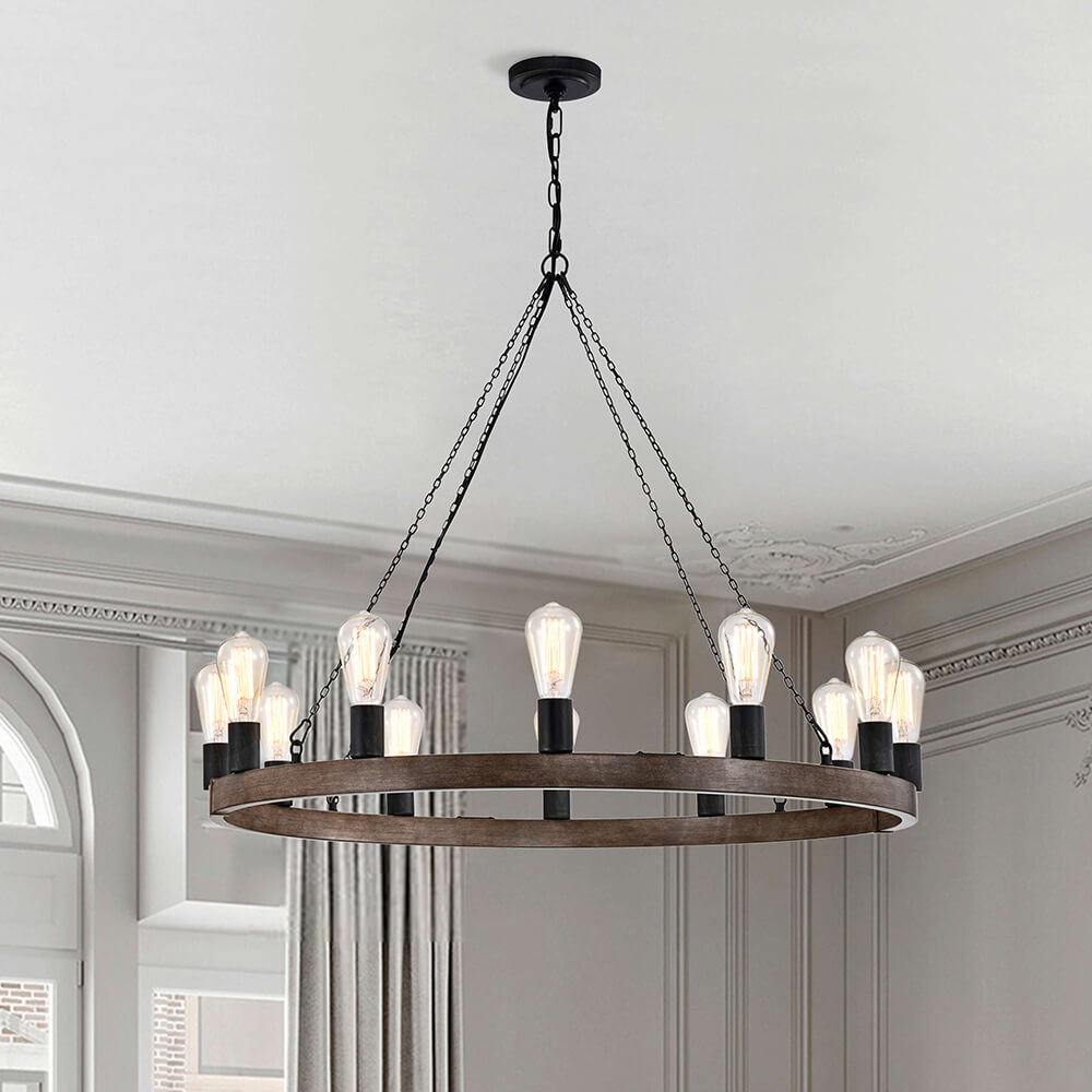 Eva 12-light Faux Wood Finish Metal Chandelier with Black Sleeves FD-1176-ELN