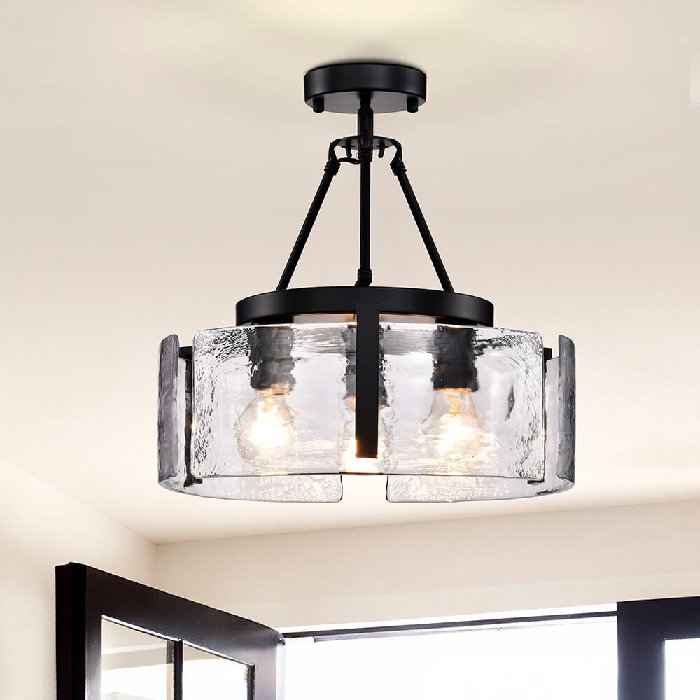 Reina 3-Light Water Textured Glass Panel Drum Semi Flush Mount - Black FD-1435-FDRL