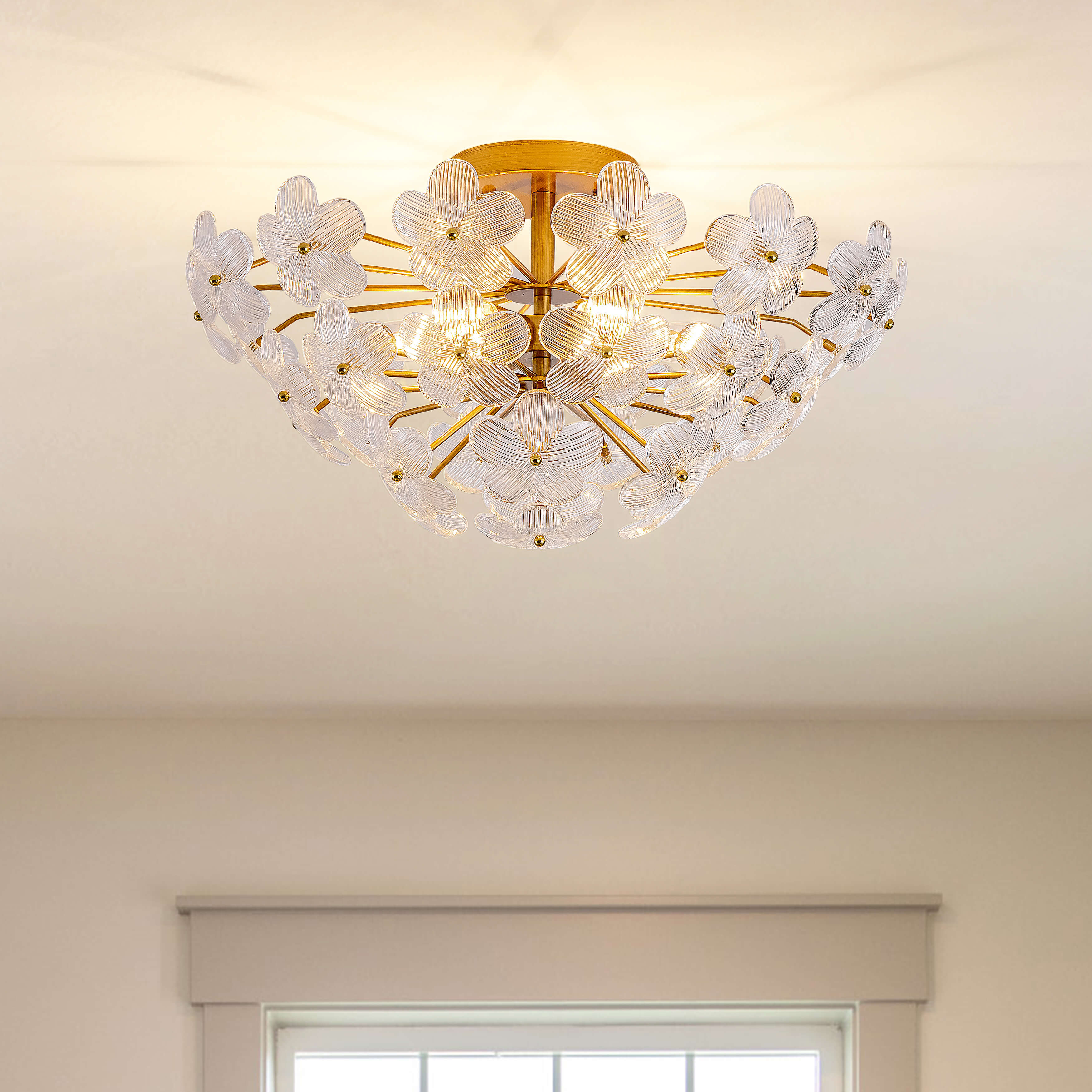 Rosa Modern 6-Light 22.4" Glam Ribbed Glass Flower Flush Mount - Low-gloss Brushed Brass Finish FD-2123-SBQU Rosa Modern 6-Light 22.4" Glam Ribbed Glass Flower Flush Mount - Low-gloss Brushed Brass Finish FD-2123-SBQU
