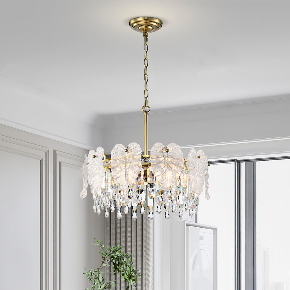 Alma 5-Light Brushed Shiny Brass Leaf-shaped Glass Crystal Chandelier FD-2360-GGS