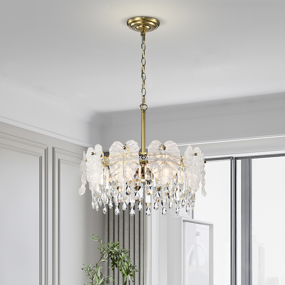 Alma 5-Light Brushed Shiny Brass Leaf-shaped Glass Crystal Chandelier FD-2360-GGS