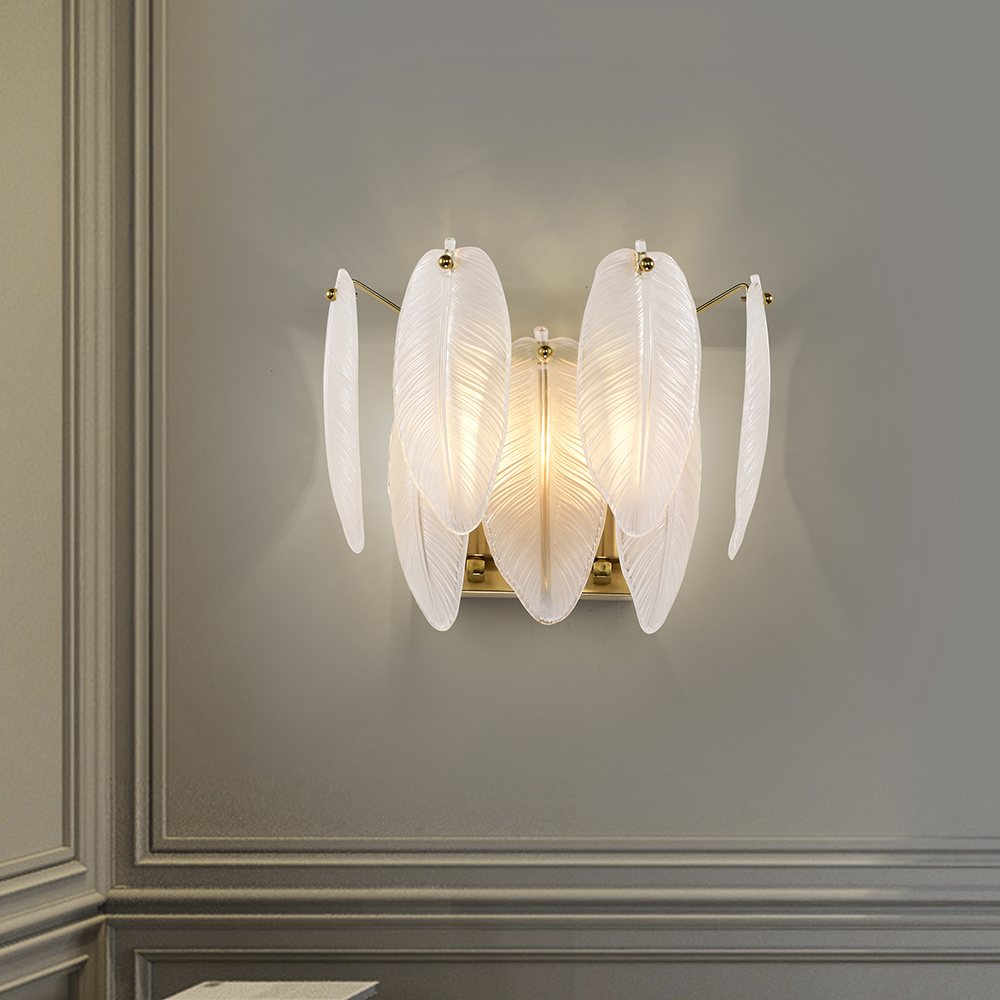 Paula 2-Light Brushed Shiny Brass Feather-shaped Glass Wall Sconce FD-2602-XCH