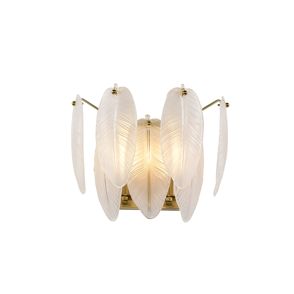 Paula 2-Light Brushed Shiny Brass Feather-shaped Glass Wall Sconce FD-2602-XCH