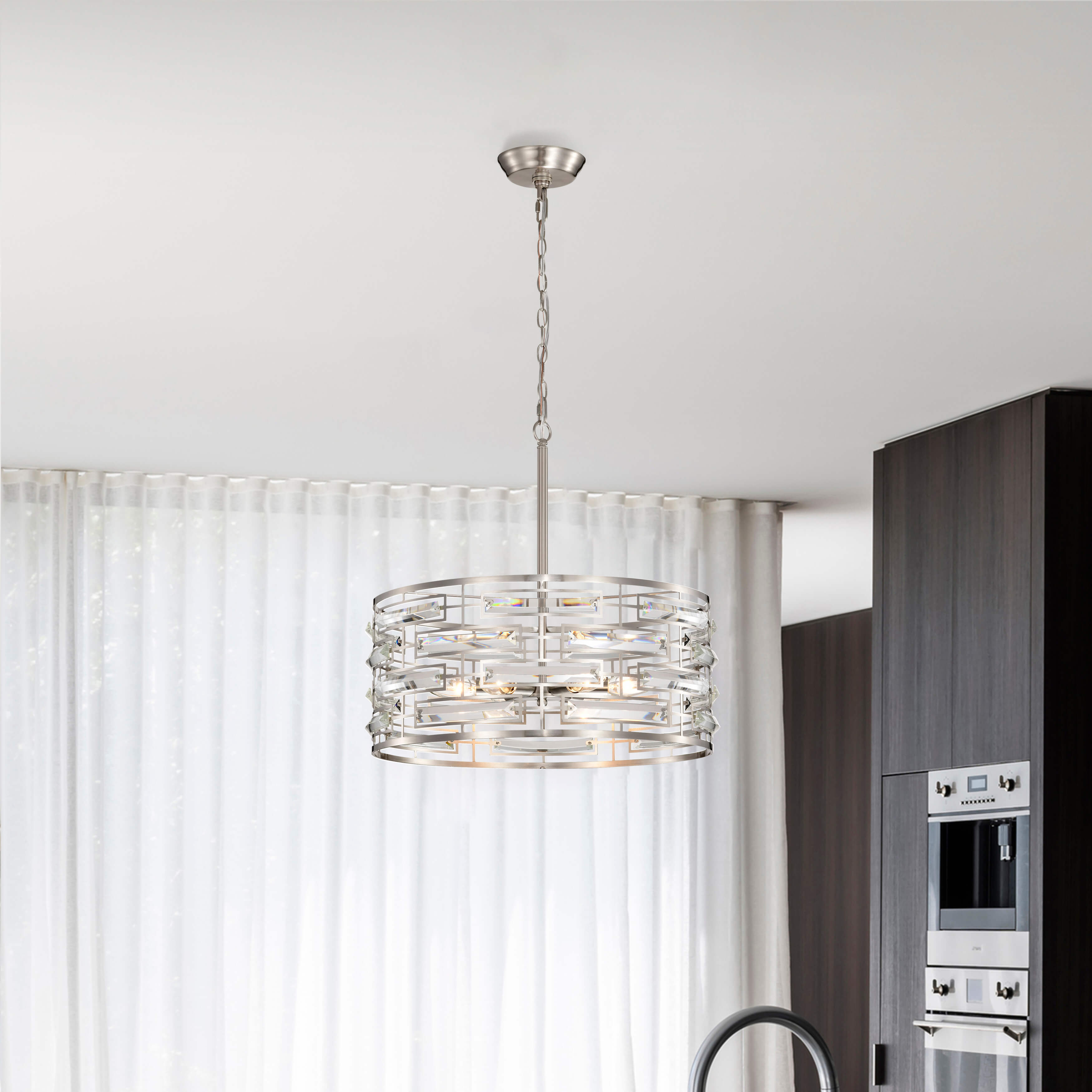 Anita Satin Nickel Drum Shade Chandelier with Clear Glass Prism FD-2717-WNY