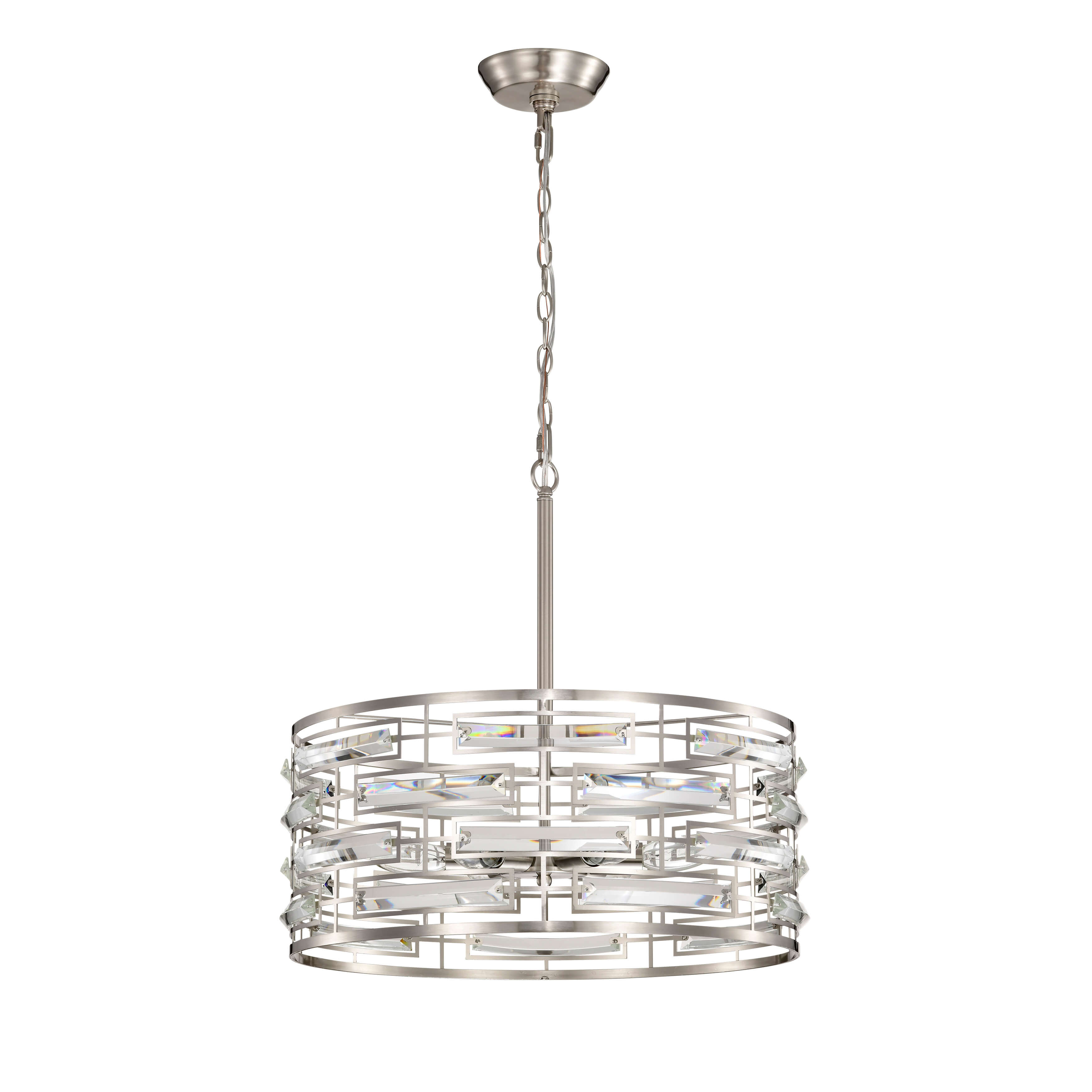 Anita Satin Nickel Drum Shade Chandelier with Clear Glass Prism FD-2717-WNY