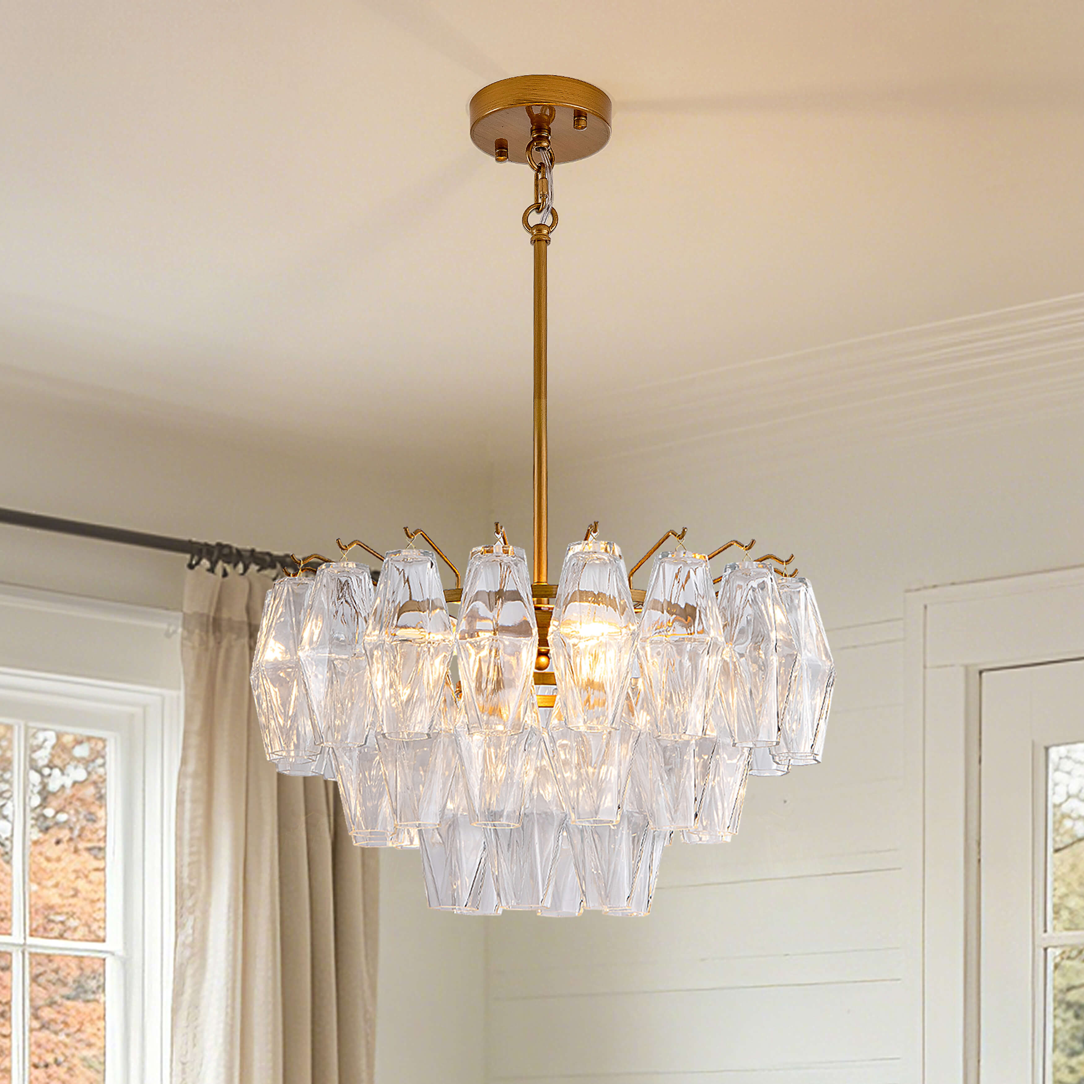 Camila 3-Light Multi-faceted Clear Glass Shade Round Tiered Chandelier - Low-gloss Brushed Brass FD-2962-FUYN Camila 3-Light Multi-faceted Clear Glass Shade Round Tiered Chandelier - Low-gloss Brushed Brass FD-2962-FUYN