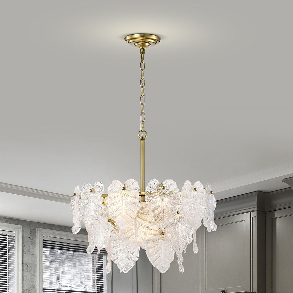 Alma Brushed Shiny Brass 7-Light Tiered Leaf-shaped Glass Chandelier FD-4105-ZYS