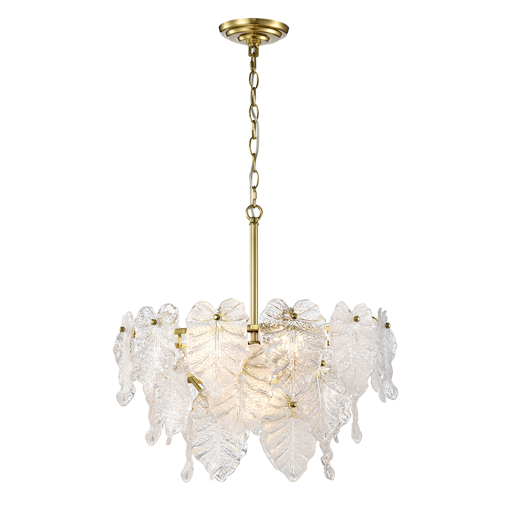 Alma Brushed Shiny Brass 7-Light Tiered Leaf-shaped Glass Chandelier FD-4105-ZYS