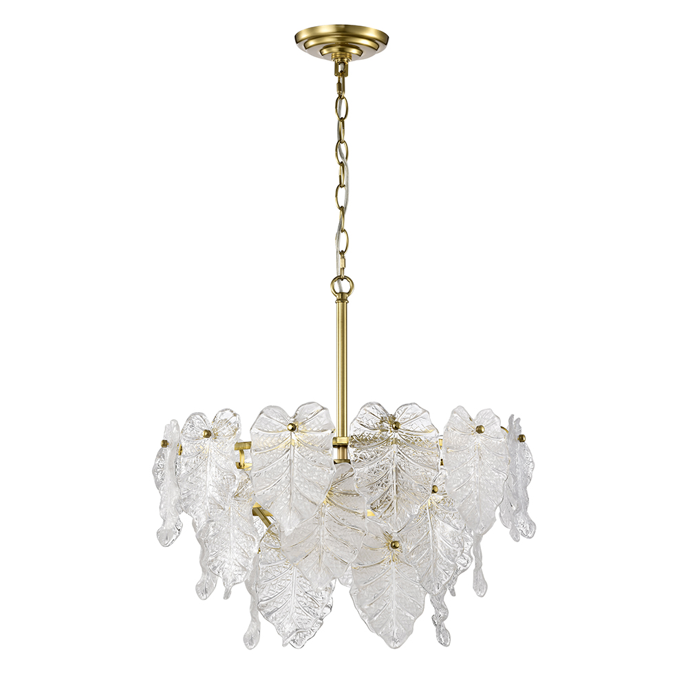 Alma Brushed Shiny Brass 7-Light Tiered Leaf-shaped Glass Chandelier FD-4105-ZYS