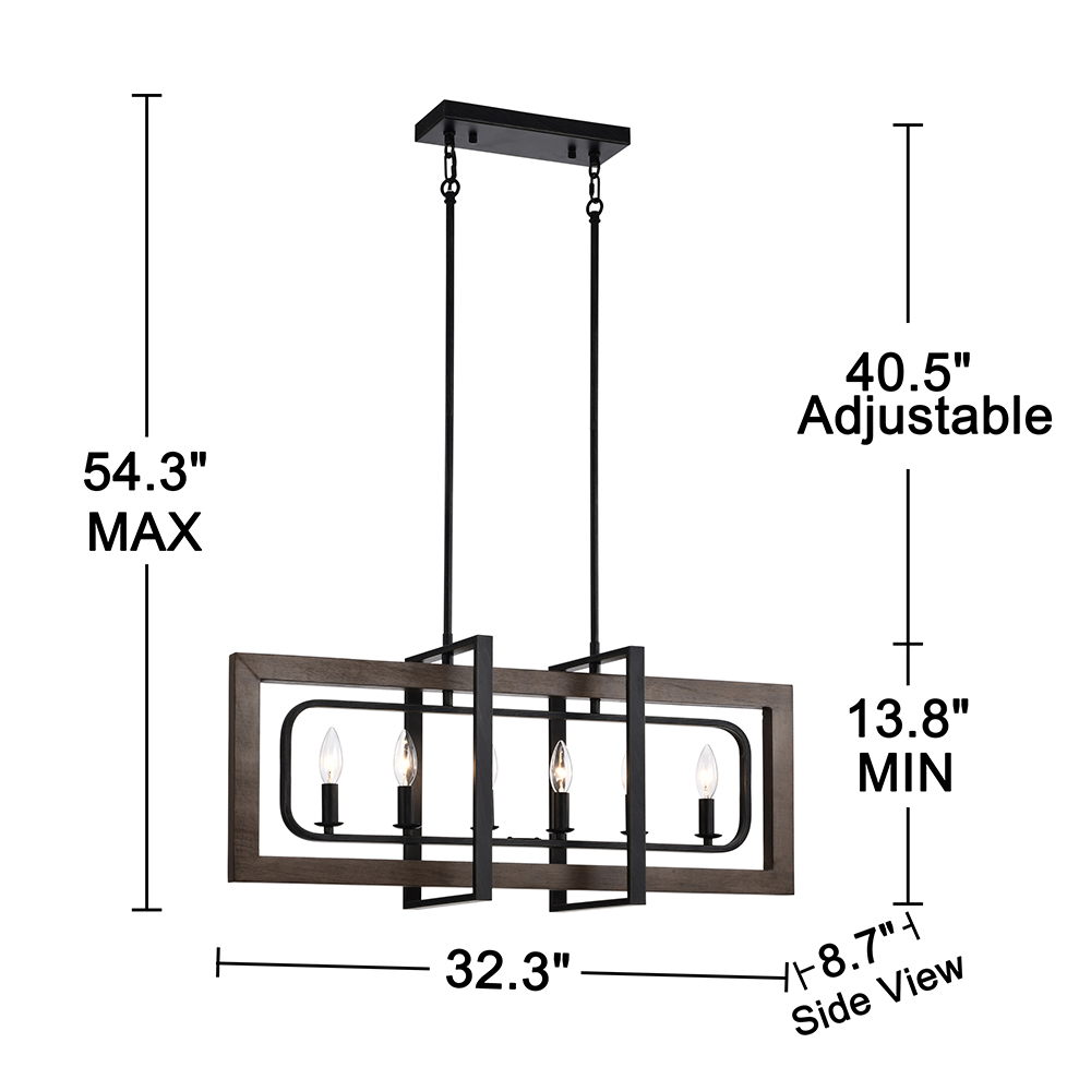 Daniela Natural Wood and Antique Black Metal Frame Linear Chandelier FD-4118-TZK