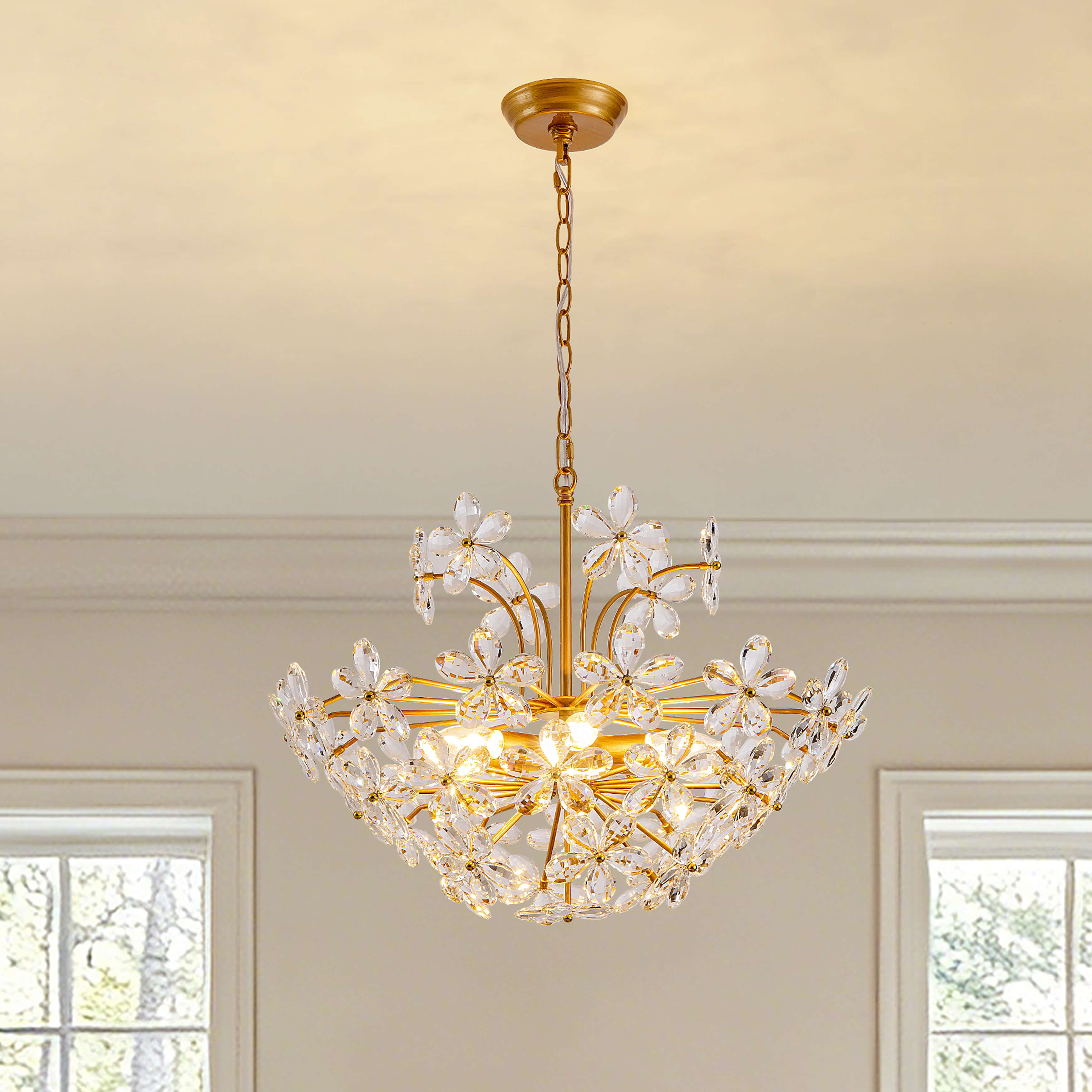 Rosa Modern 6-Light Daisy Glam Clear Crystals Large Size Chandelier - Low-gloss Brushed Brass Finish FD-4775-XNCX
