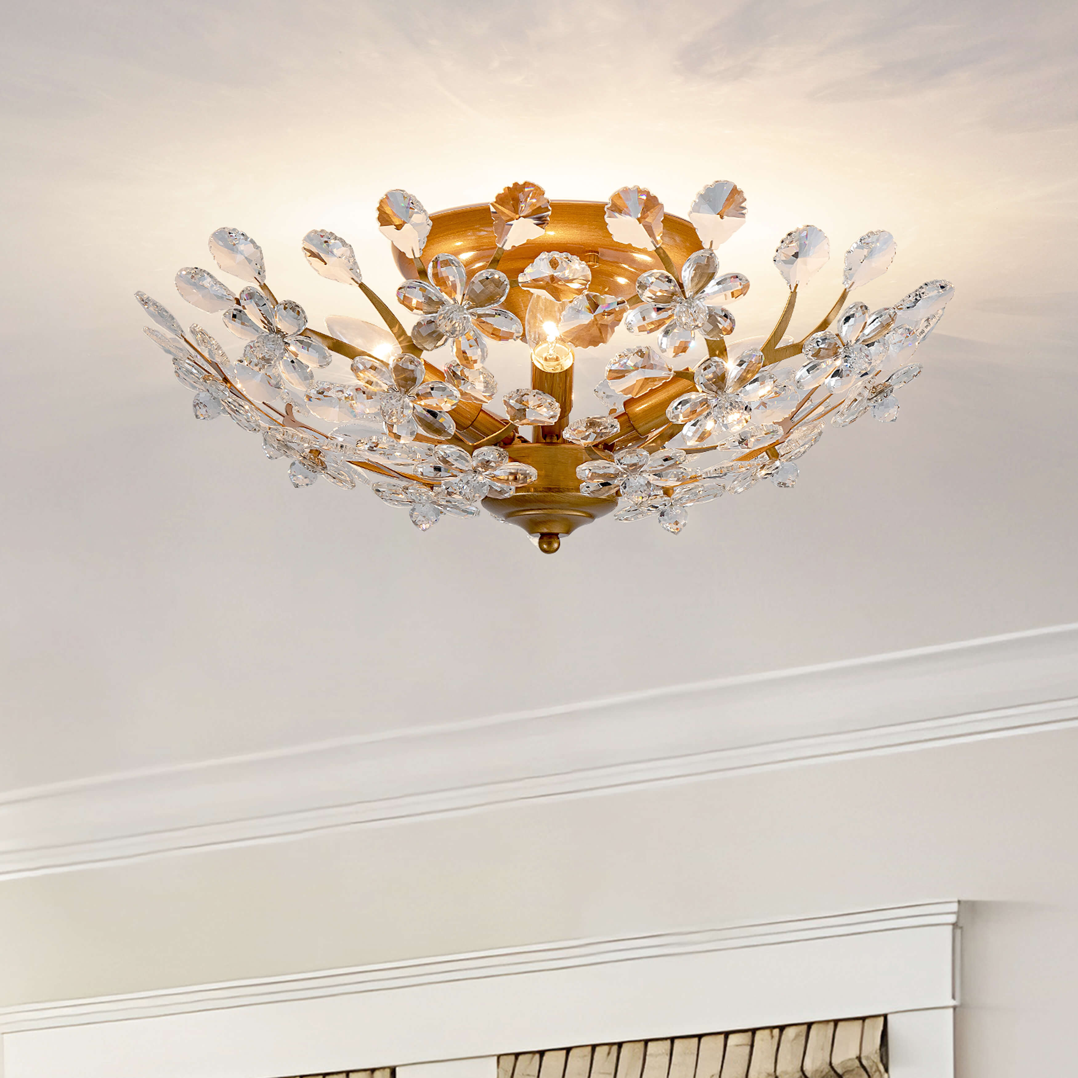 Isabel 5-light Crystal Glass Flowers Blooms Flush Mount - Low-gloss Brushed Brass Finish FD-4928-VGBK Isabel 5-light Crystal Glass Flowers Blooms Flush Mount - Low-gloss Brushed Brass Finish FD-4928-VGBK