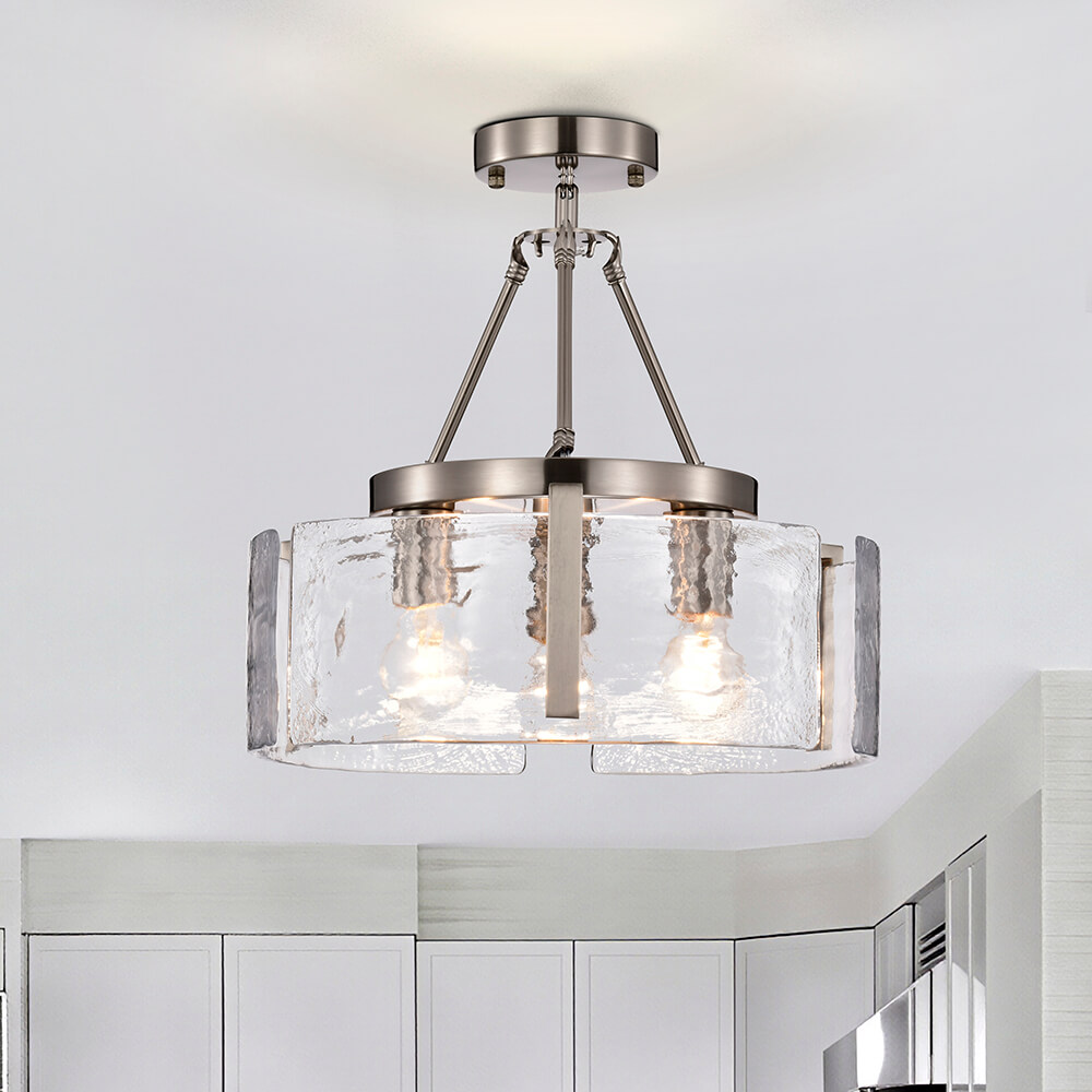 Reina 3-Light Water Textured Glass Panel Drum Semi Flush Mount - Satin Nickel FD-4972-FBQP