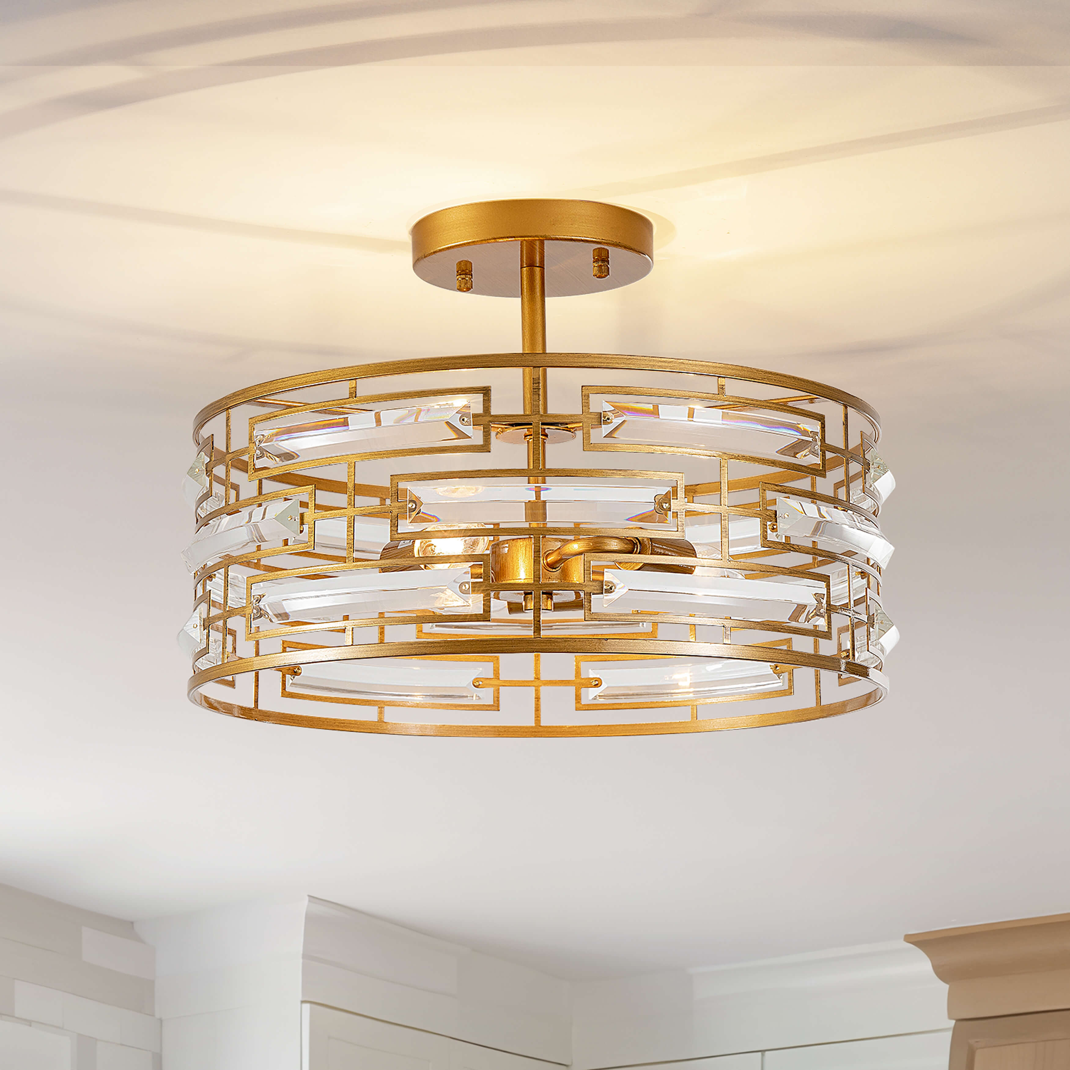 Anita 3-Light Drum Shade Clear Glass Prism Flush Mount - Low-gloss Brushed Brass Finish FD-5823-BFUM Anita 3-Light Drum Shade Clear Glass Prism Flush Mount - Low-gloss Brushed Brass Finish FD-5823-BFUM