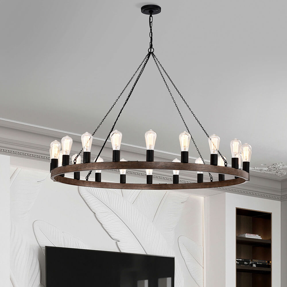 Eva 20-light Antique Black and Faux Wood Metal Round Chandelier FD-6507-QLV