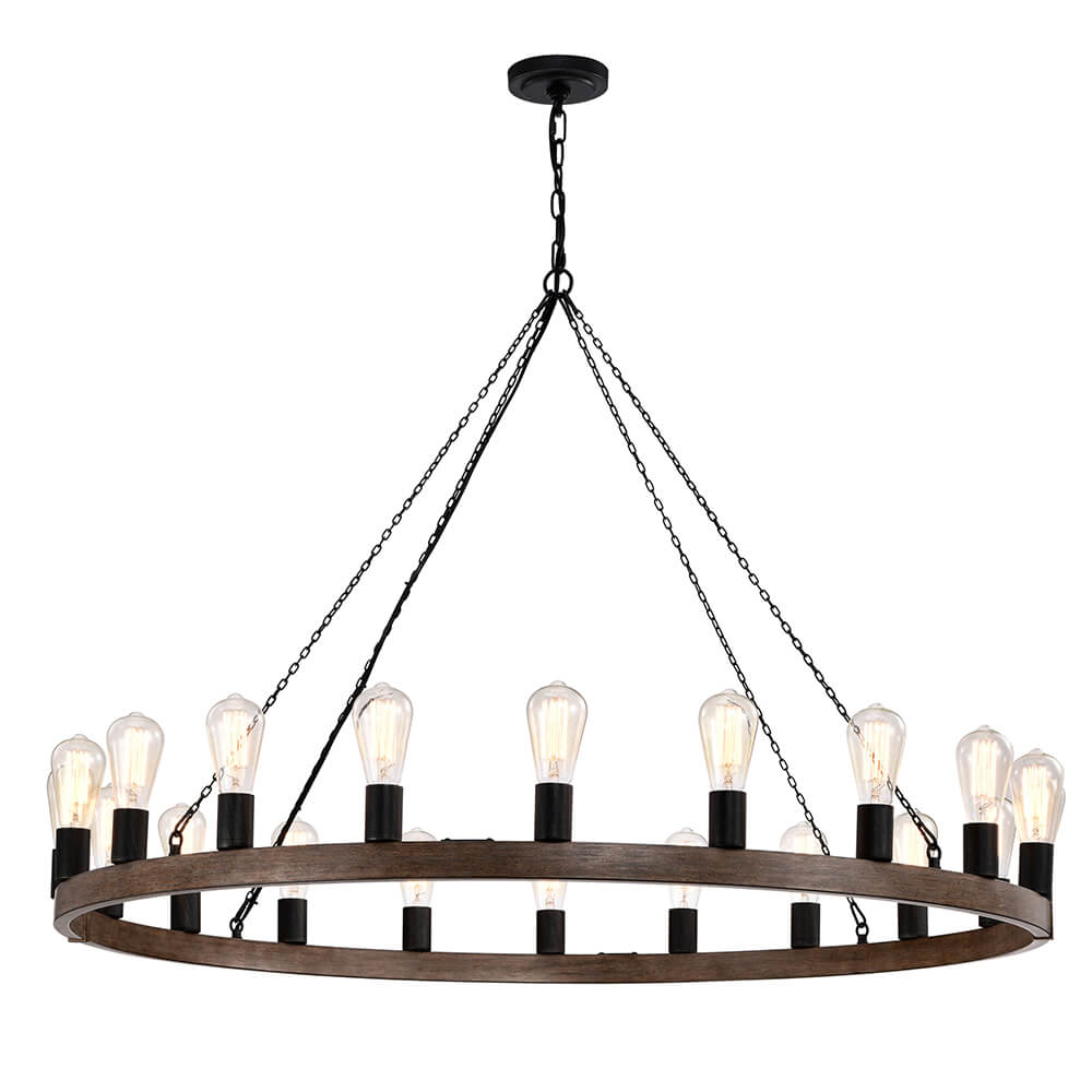 Eva 20-light Antique Black and Faux Wood Metal Round Chandelier FD-6507-QLV