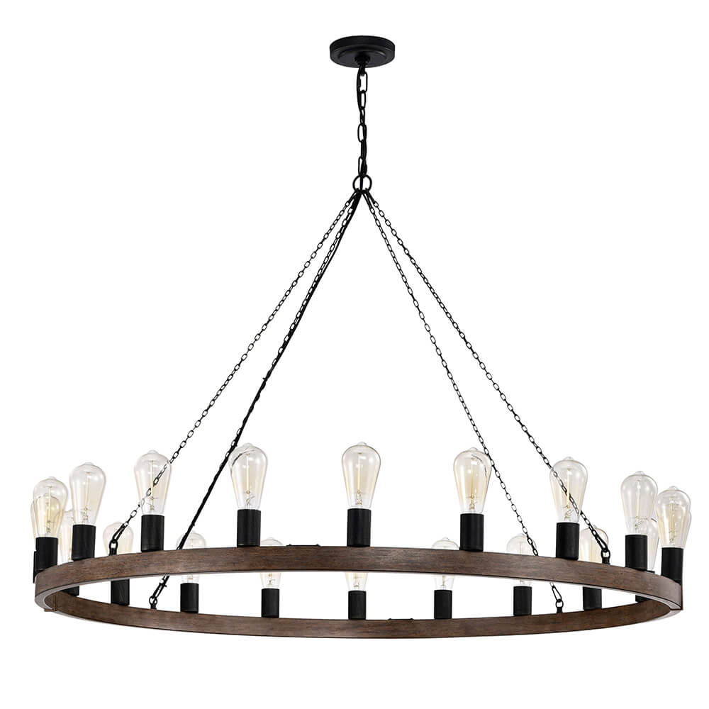 Eva 20-light Antique Black and Faux Wood Metal Round Chandelier FD-6507-QLV