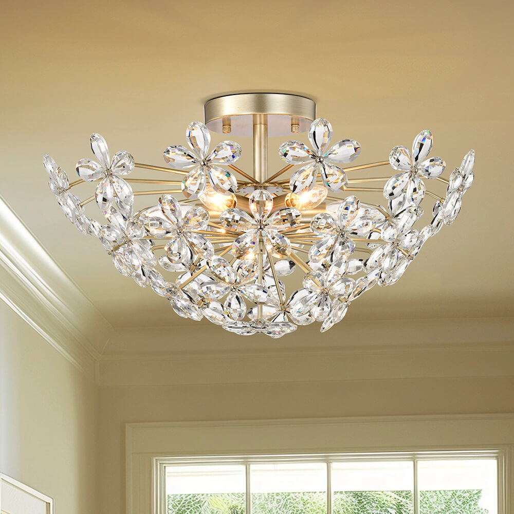 Rosa 6-Light Brushed Silver-ish Champagne Daisy Flower Crystal Large Size Flush Mount FD-6651-DSP