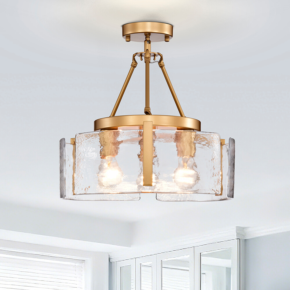 Reina 3-Light Water Textured Glass Panel Drum Semi Flush Mount - Glossy Brass FD-6786-ZUAK