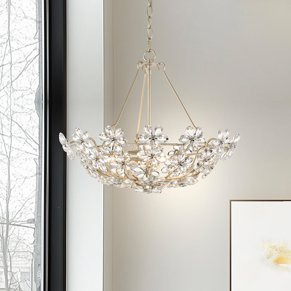 Rosa Glam 3-Light Brushed Silver-ish Champagne Daisy Crystal Glass Flower Chandelier FD-6808-JKB