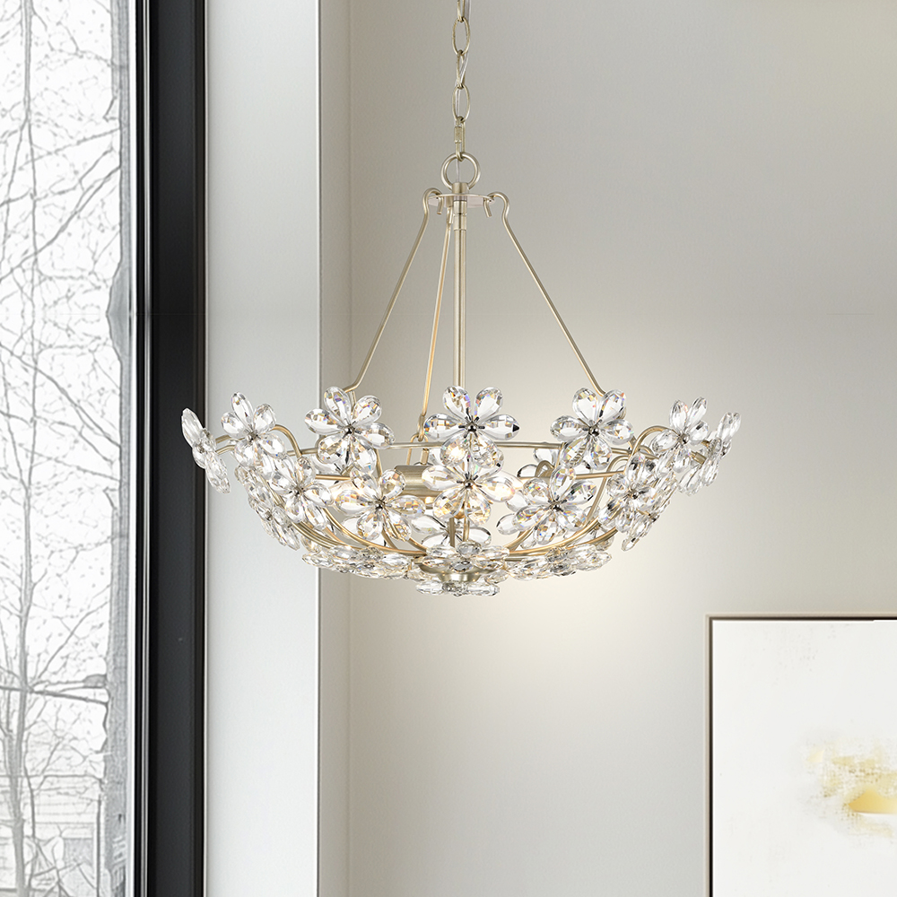 Rosa Glam 3-Light Brushed Silver-ish Champagne Daisy Crystal Glass Flower Chandelier FD-6808-JKB