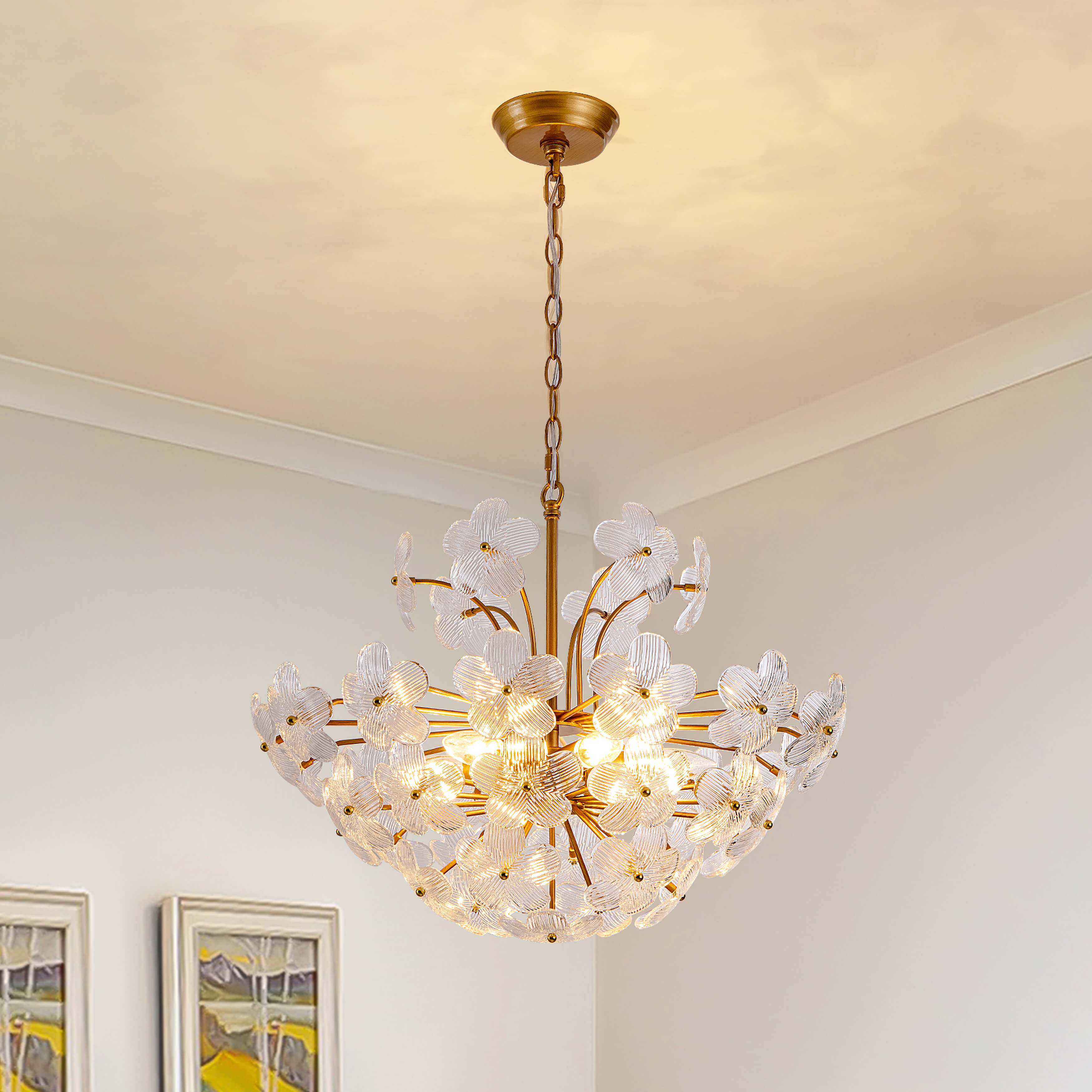 Rosa Modern 6-Light 22.4" Glam Ribbed Glass Flower Chandelier - Low-gloss Brushed Brass Finish FD-7221-QVJK