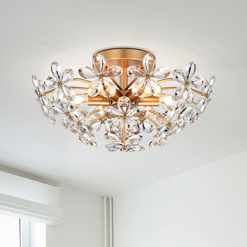 Rosa 6-Light Flower Crystal Flush Mount - Glossy Brass Finish FD-7465-RLLJ Rosa 6-Light Flower Crystal Flush Mount - Glossy Brass Finish FD-7465-RLLJ