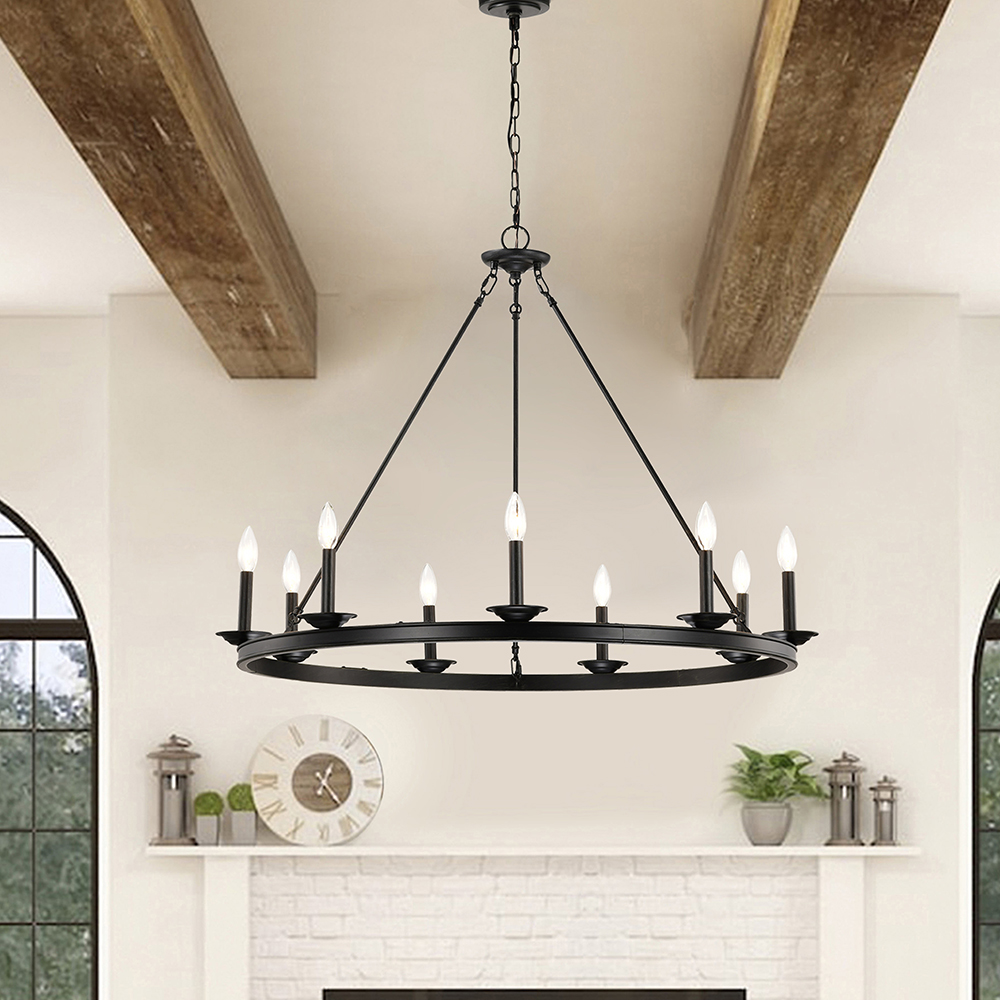 Eva 9-Light Antique Black Wagon Wheel Candle Style Round Chandelier FD-8521-WBY