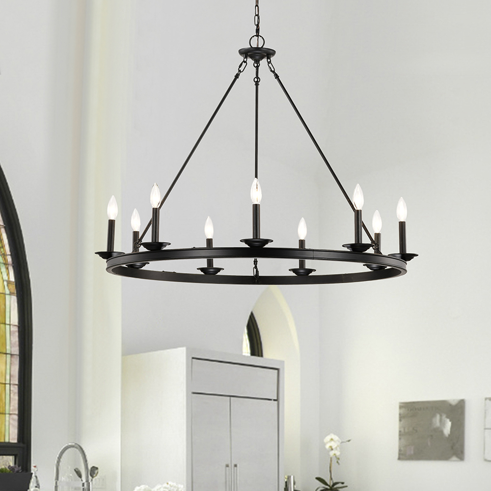 Eva 9-Light Antique Black Wagon Wheel Candle Style Round Chandelier FD-8521-WBY