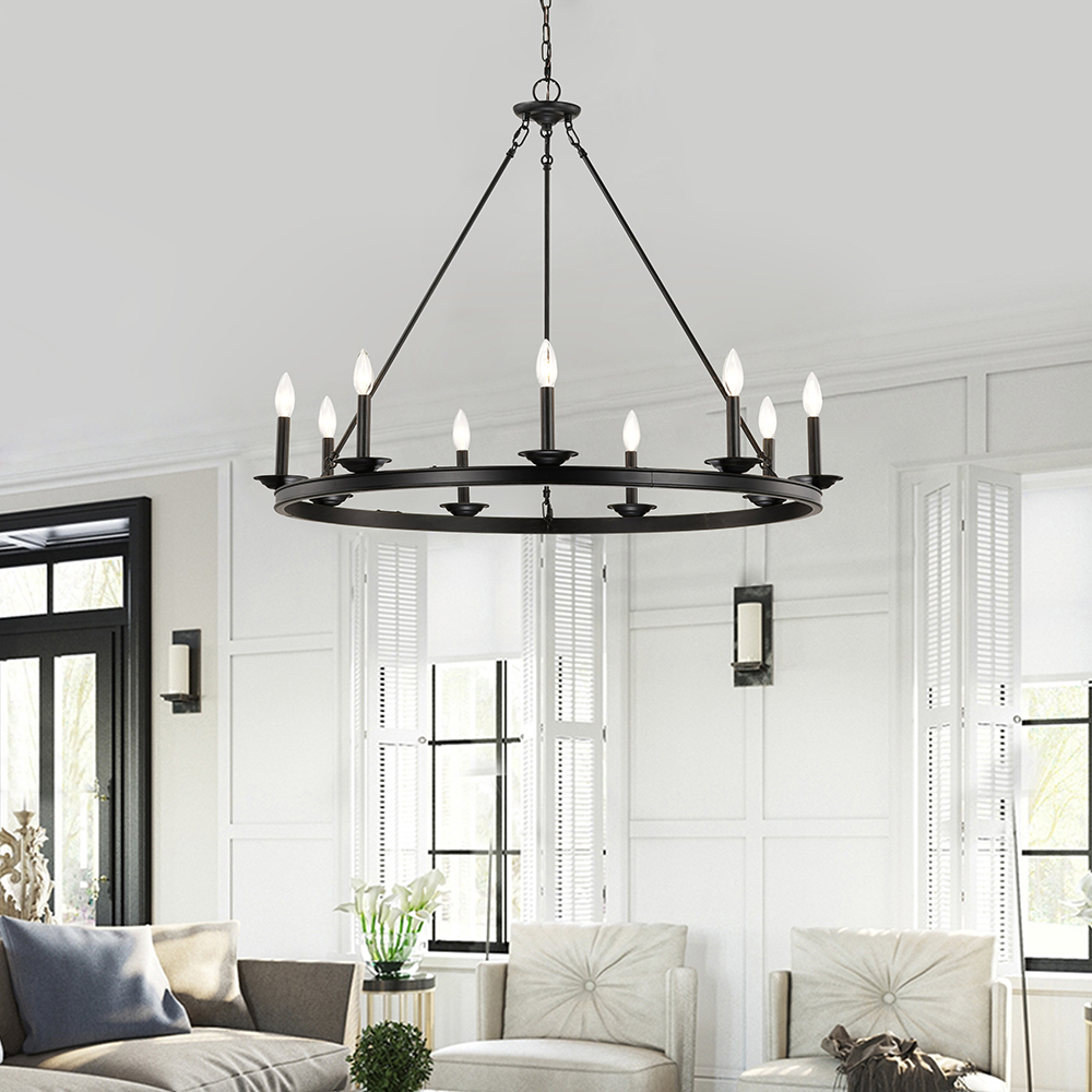 Eva 9-Light Antique Black Wagon Wheel Candle Style Round Chandelier FD-8521-WBY