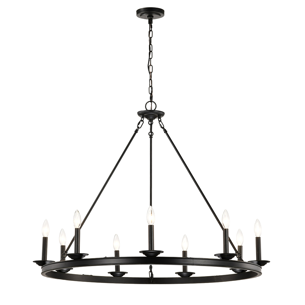 Eva 9-Light Antique Black Wagon Wheel Candle Style Round Chandelier FD-8521-WBY