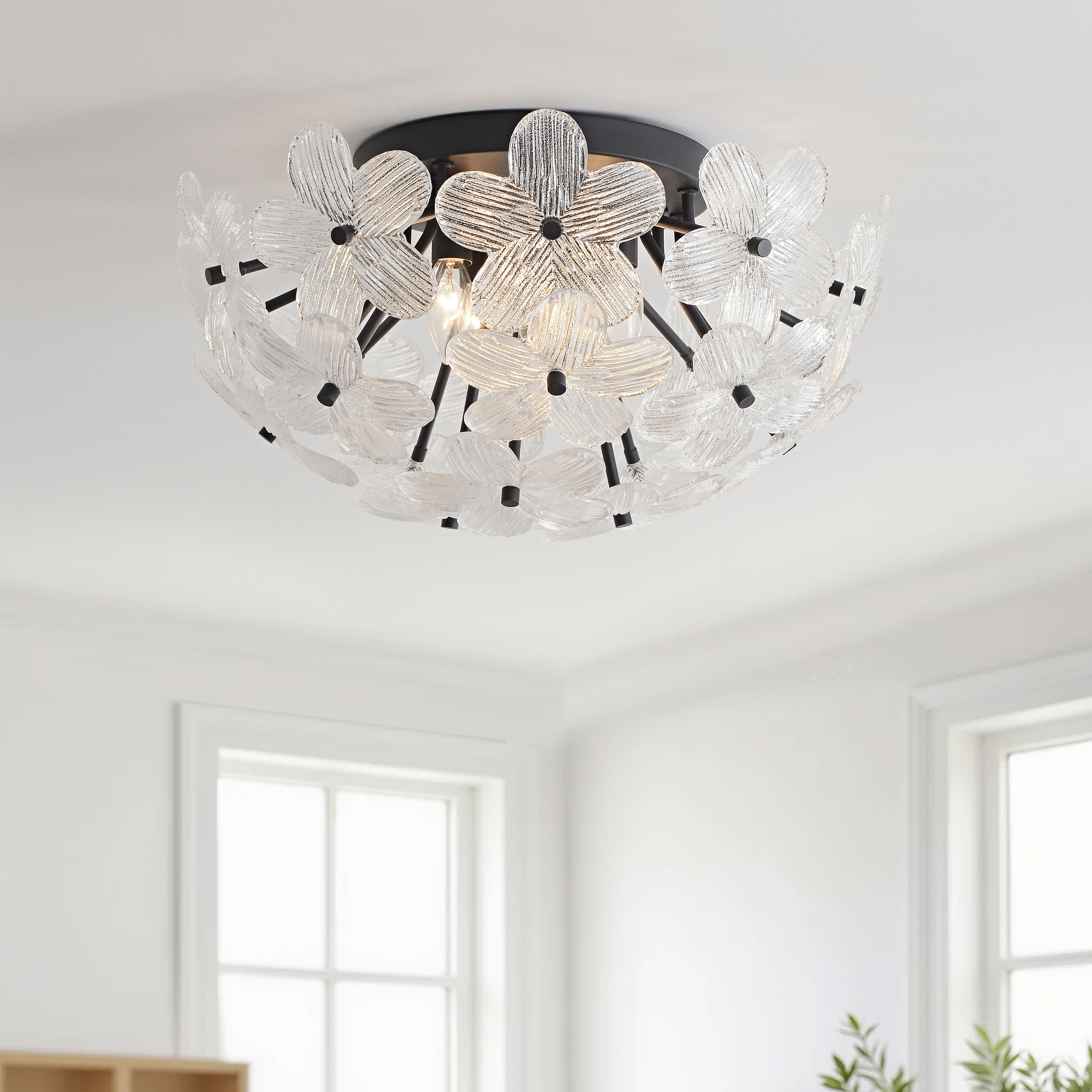 Frieda Modern 5-Light 20" Clear Glass Flower Flush Mount - Black LJ-0493-LNRV
