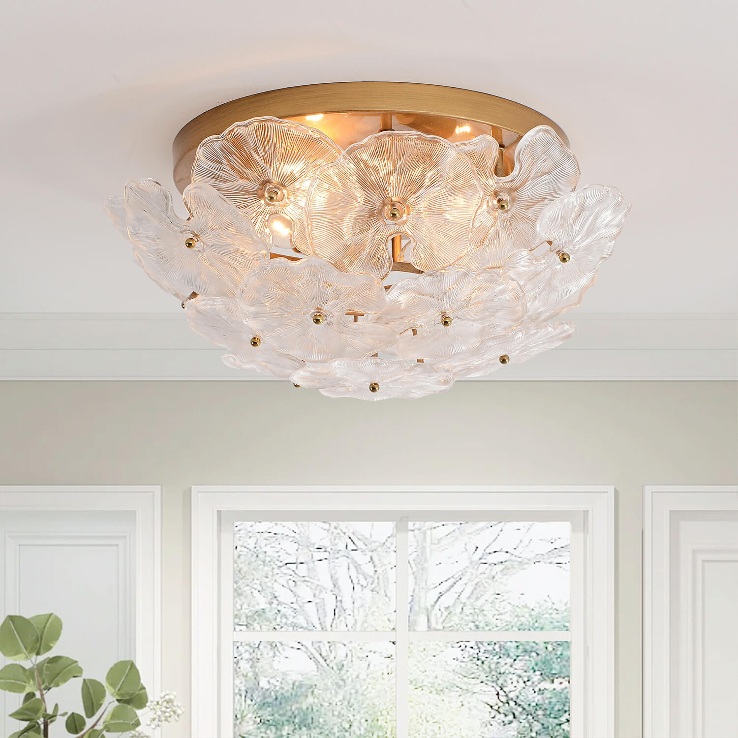Emilia 4-Light Brushed Brass Flower Crystal Glass Flush Mount LJ-0554-DNF