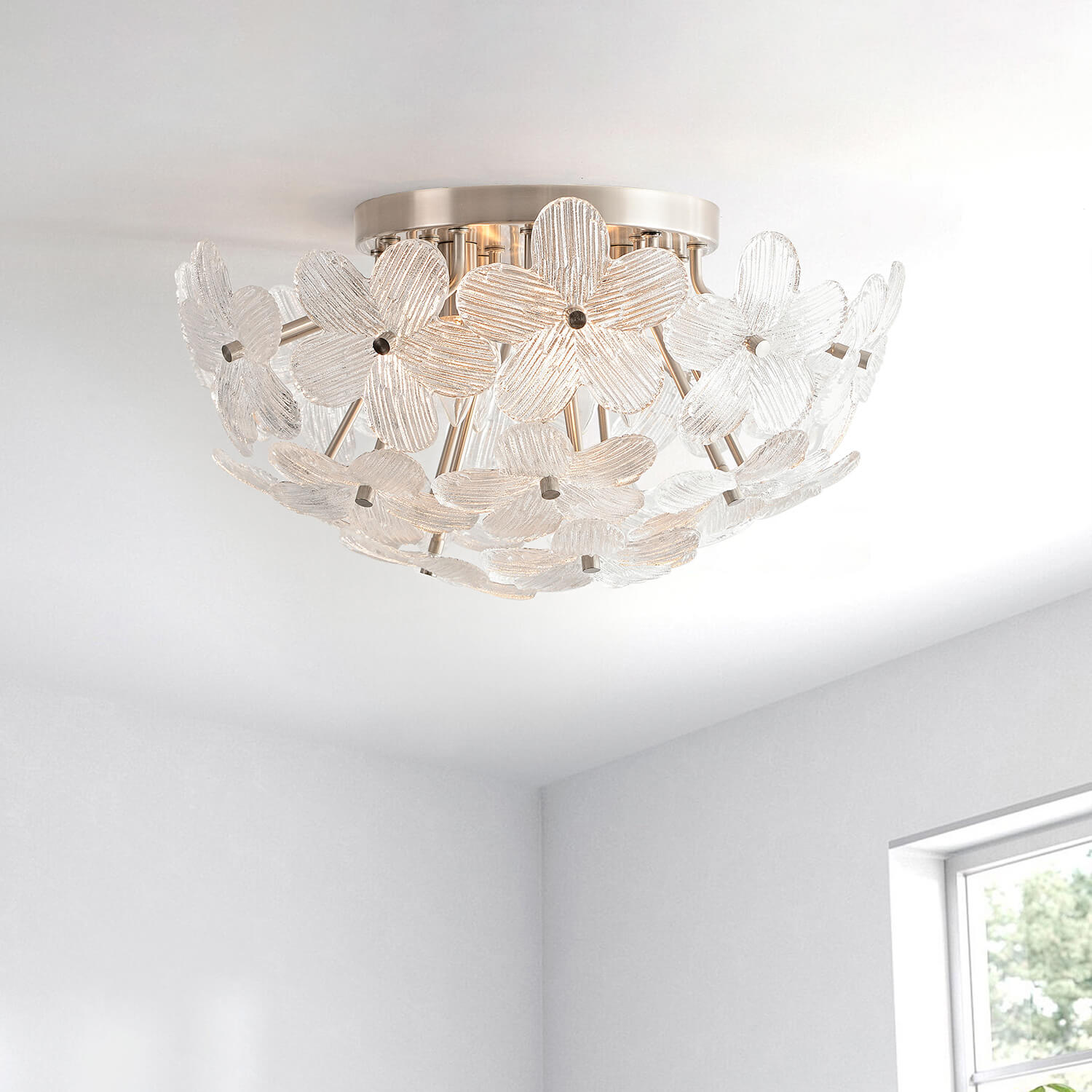 Frieda Modern 5-Light 20" Clear Glass Flower Flush Mount - Satin Nickel LJ-0818-MAPS Frieda Modern 5-Light 20" Clear Glass Flower Flush Mount - Satin Nickel LJ-0818-MAPS