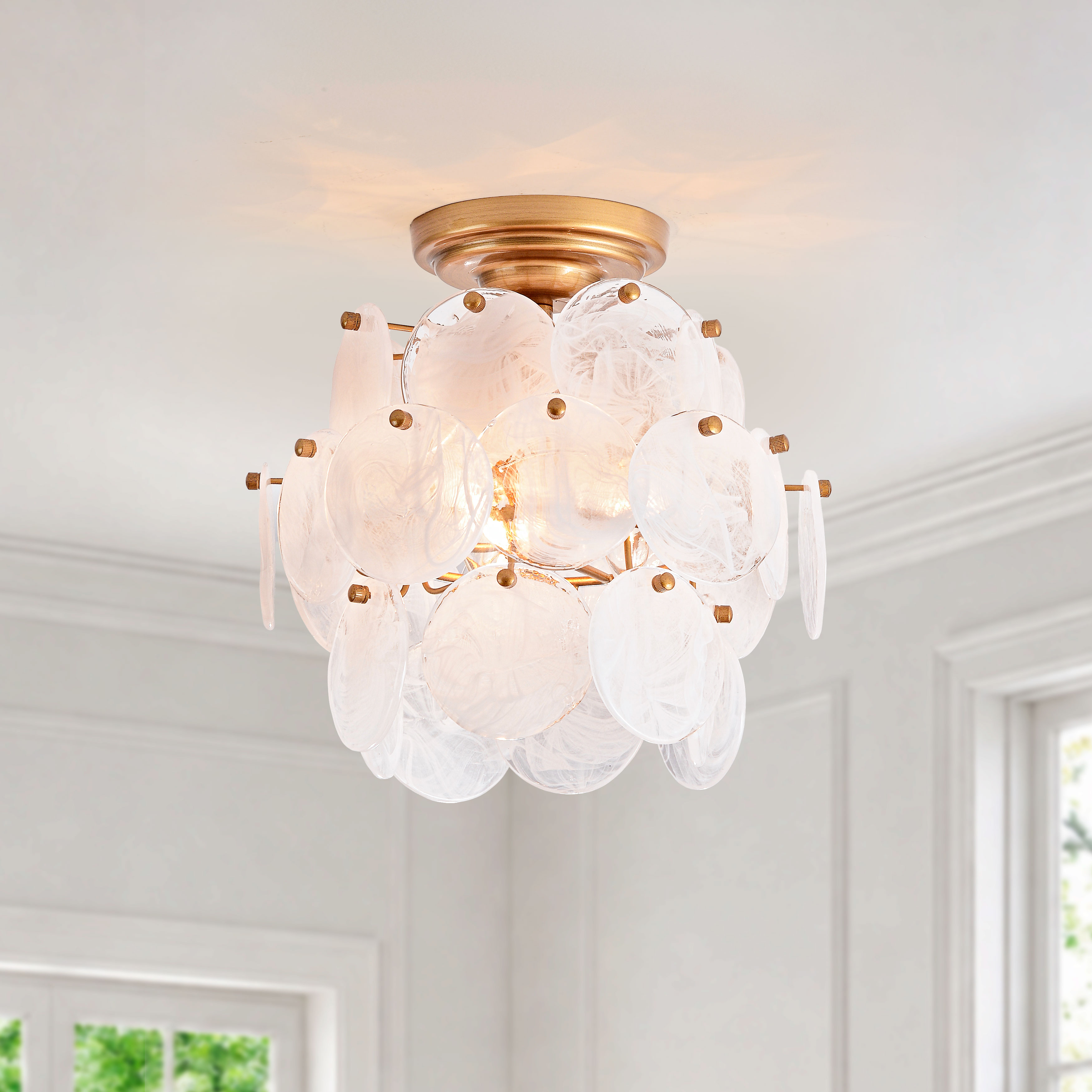 Jojospring Sabina Modern 3-Light 13.5" Brushed Brass Cloud Glass Disc Flush Mount LJ-2721-PHHY