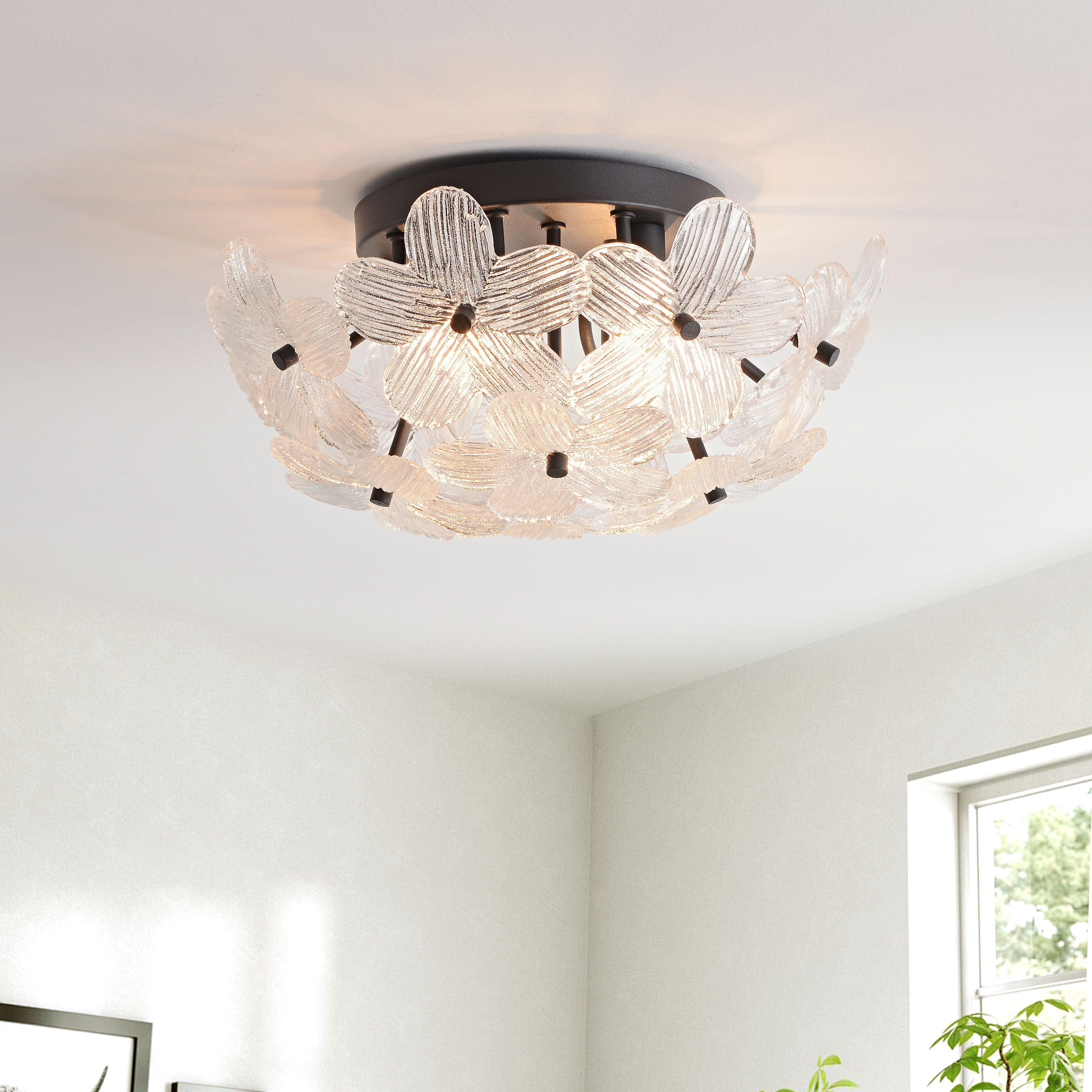 Frieda Modern 3-Light 16" Clear Glass Flower Flush Mount - Black LJ-2925-JXLK