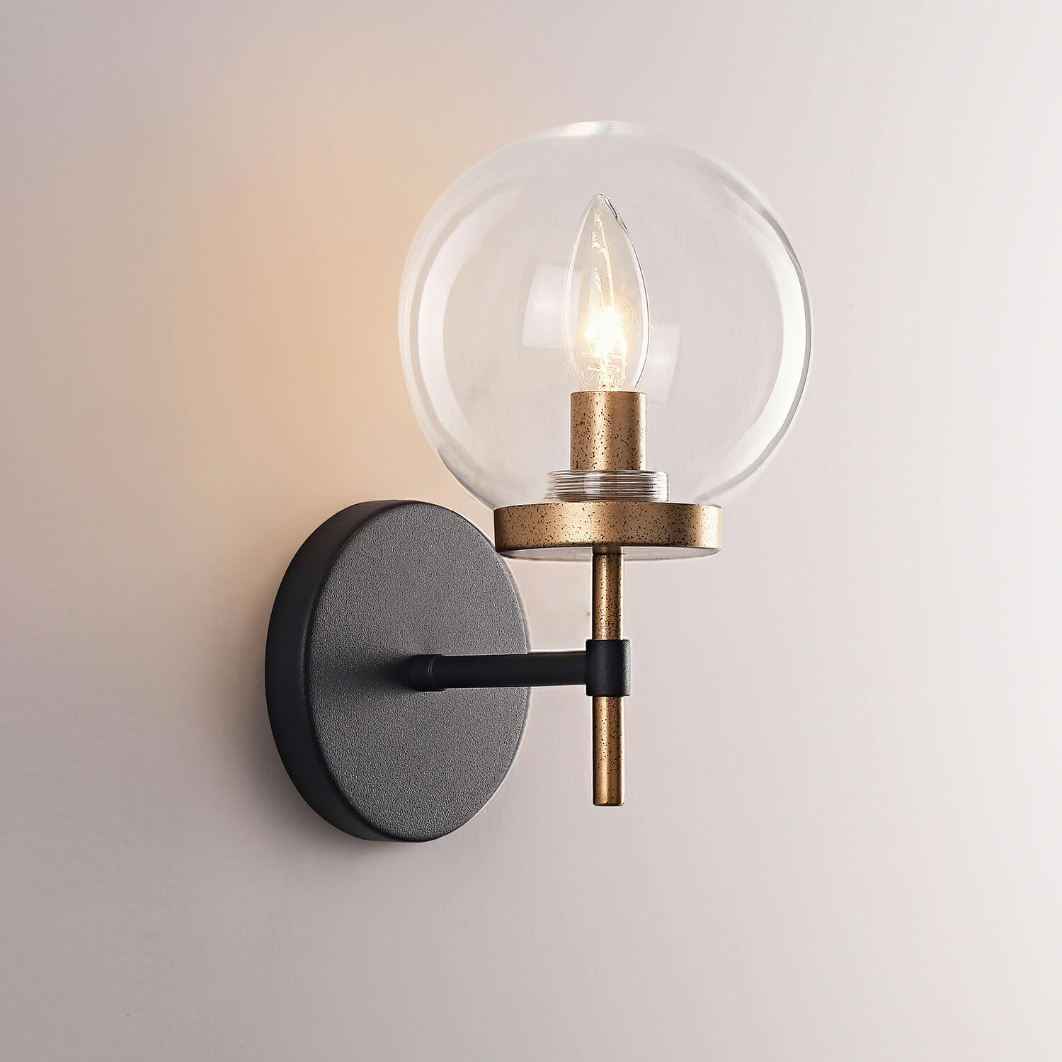 Alda 1-Light Tumbled Brass and Black Glass Globe Wall Sconce LJ-5219-QST