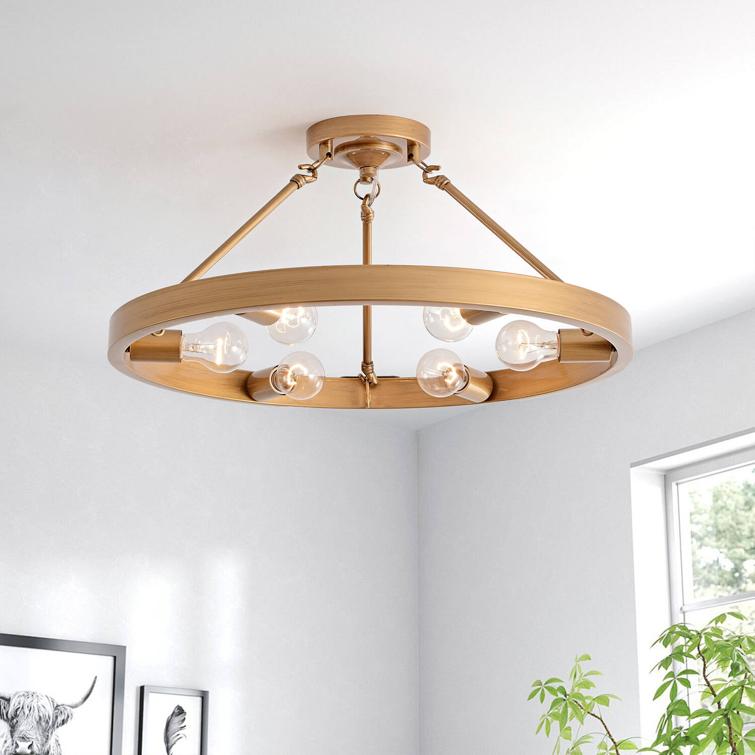 Abigail Wagon Wheel 6-Light Metal Round Rustic Semi-Flush Mount - Brushed Brass LJ-6336-VFVM