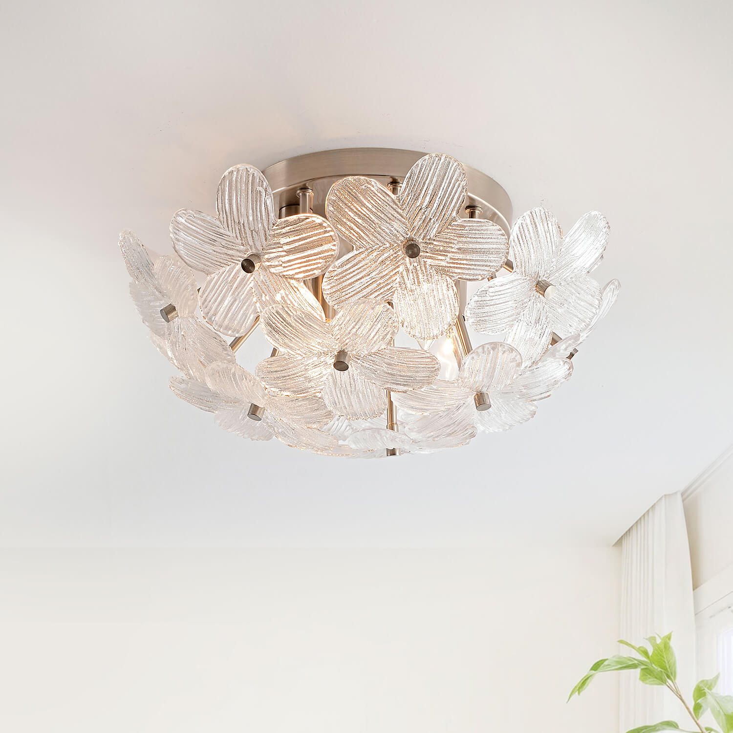 Frieda Modern 3-Light 16" Clear Glass Flower Flush Mount - Satin Nickel LJ-6486-XKJJ Frieda Modern 3-Light 16" Clear Glass Flower Flush Mount - Satin Nickel LJ-6486-XKJJ