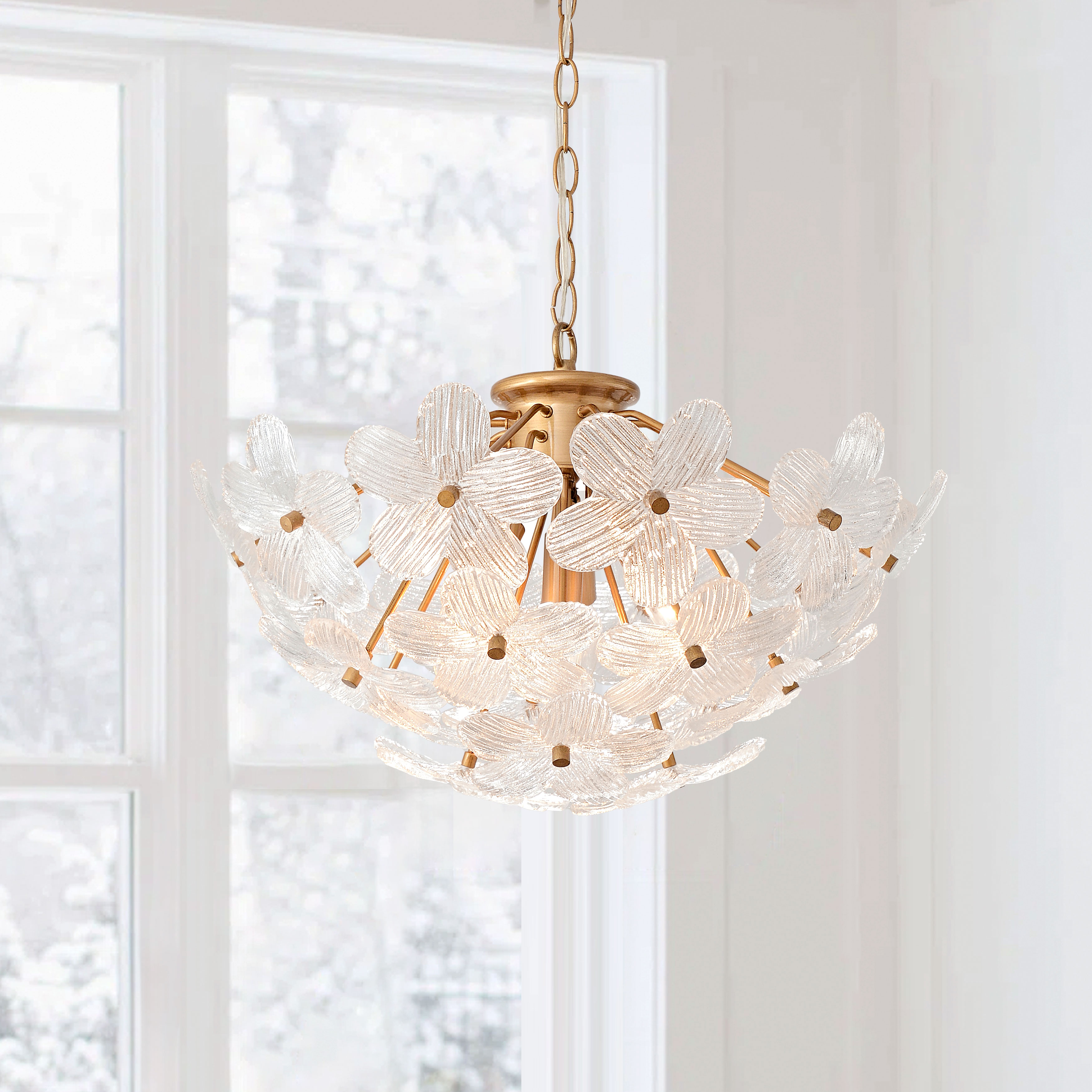 Jojospring Frieda Modern 4-Light 20" Brushed Brass Clear Glass Flower Chandelier LJ-7962-XBWL Jojospring Frieda Modern 4-Light 20" Brushed Brass Clear Glass Flower Chandelier LJ-7962-XBWL