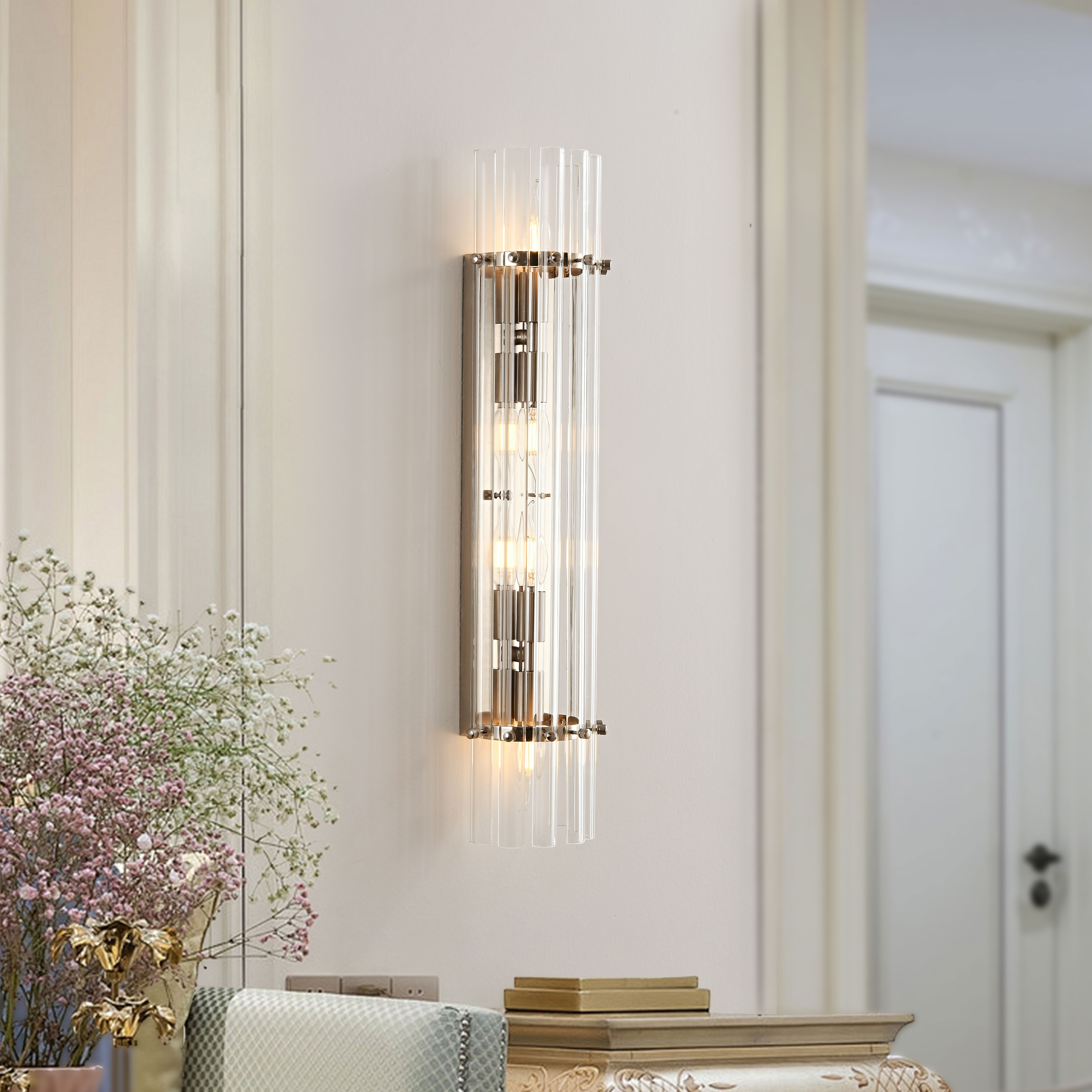 Casandra 4-Light Clear Crystal Glass Bar Wall Sconce - Satin Nickel LJ-8512-FRQA