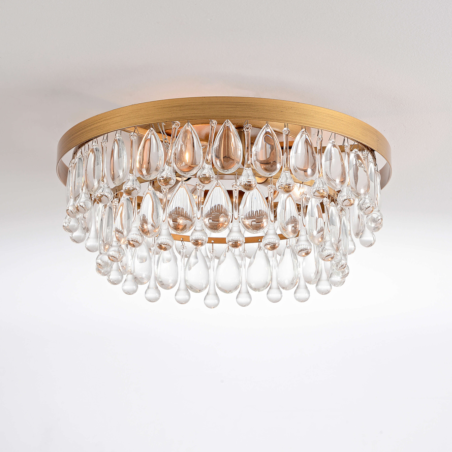 Viviana Brushed Brass 3-light Flush Mount with Crystal Glass Teardrops LJ-8663-AGV