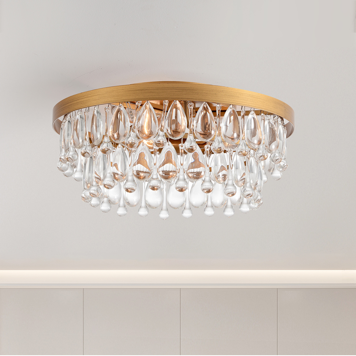 Viviana Brushed Brass 3-light Flush Mount with Crystal Glass Teardrops LJ-8663-AGV