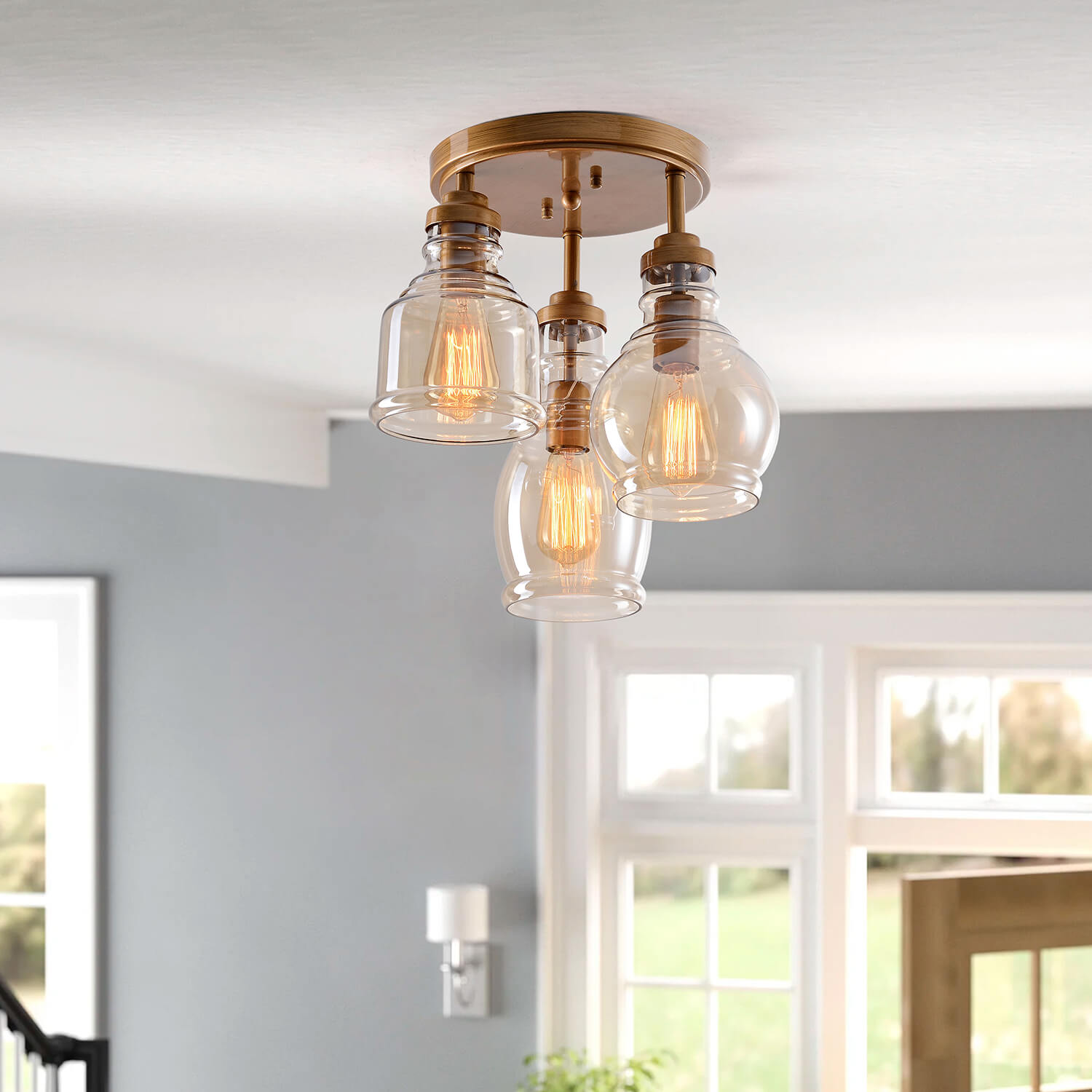 Mariana 3-Light Flush Mount with Cognac Glass Shade - Brushed Brass LJ-8843-ZNH