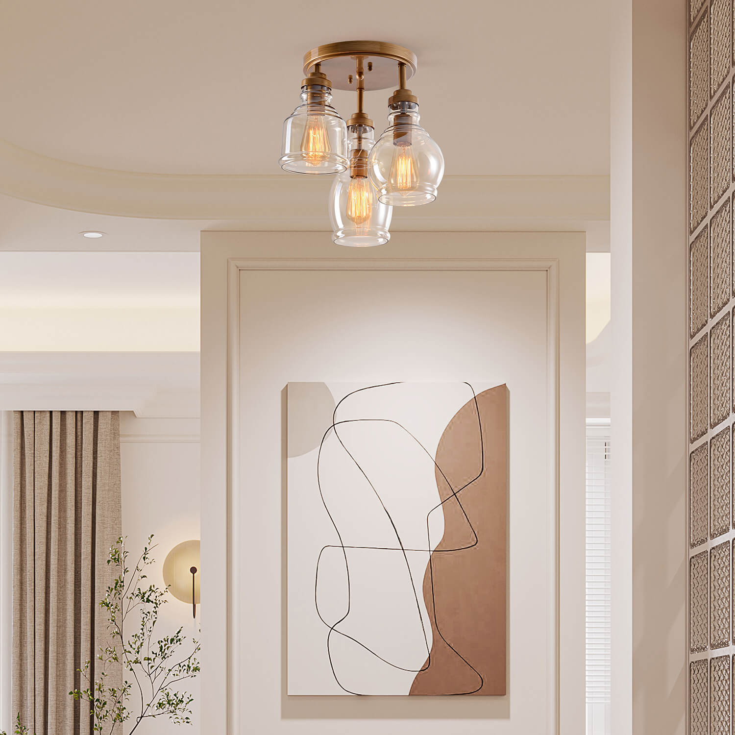 Mariana 3-Light Flush Mount with Cognac Glass Shade - Brushed Brass LJ-8843-ZNH