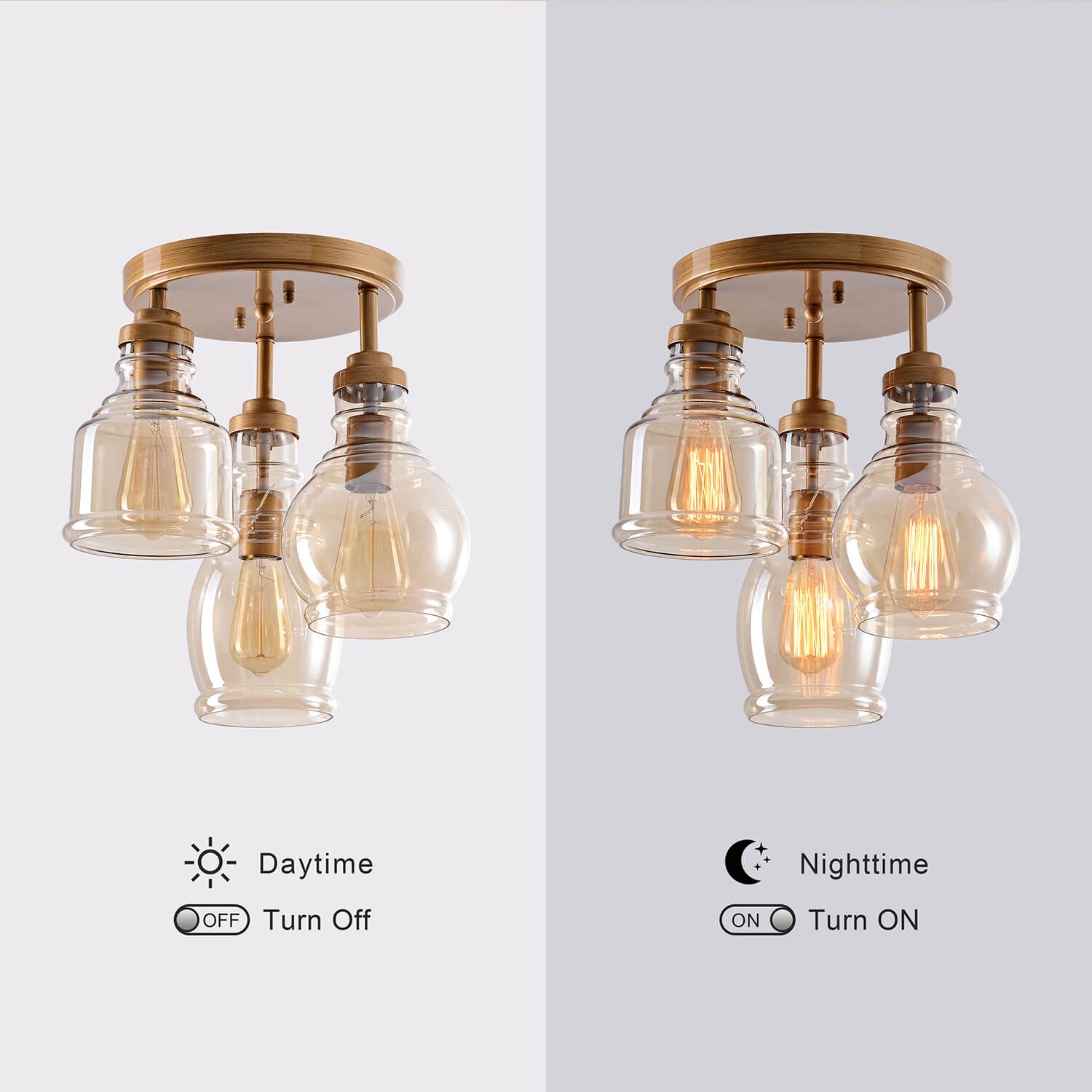 Mariana 3-Light Flush Mount with Cognac Glass Shade - Brushed Brass LJ-8843-ZNH